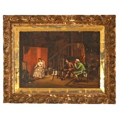 Antique French Oil On Canvas Interior Scene with Artist & Portrait Subject C1860