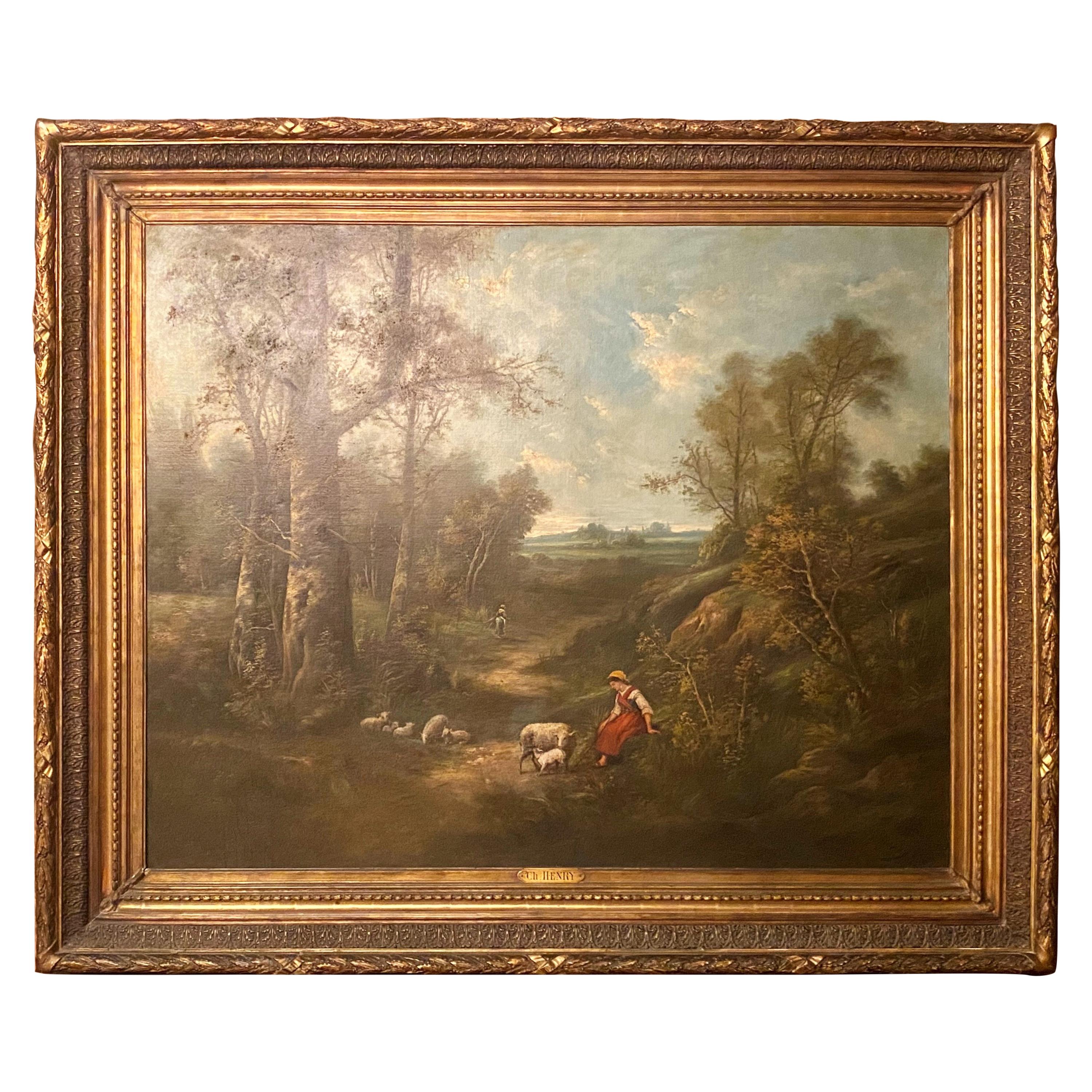 Antique French Oil on Canvas Landscape Painting by "Ch. Henry, " Circa 1900-1925