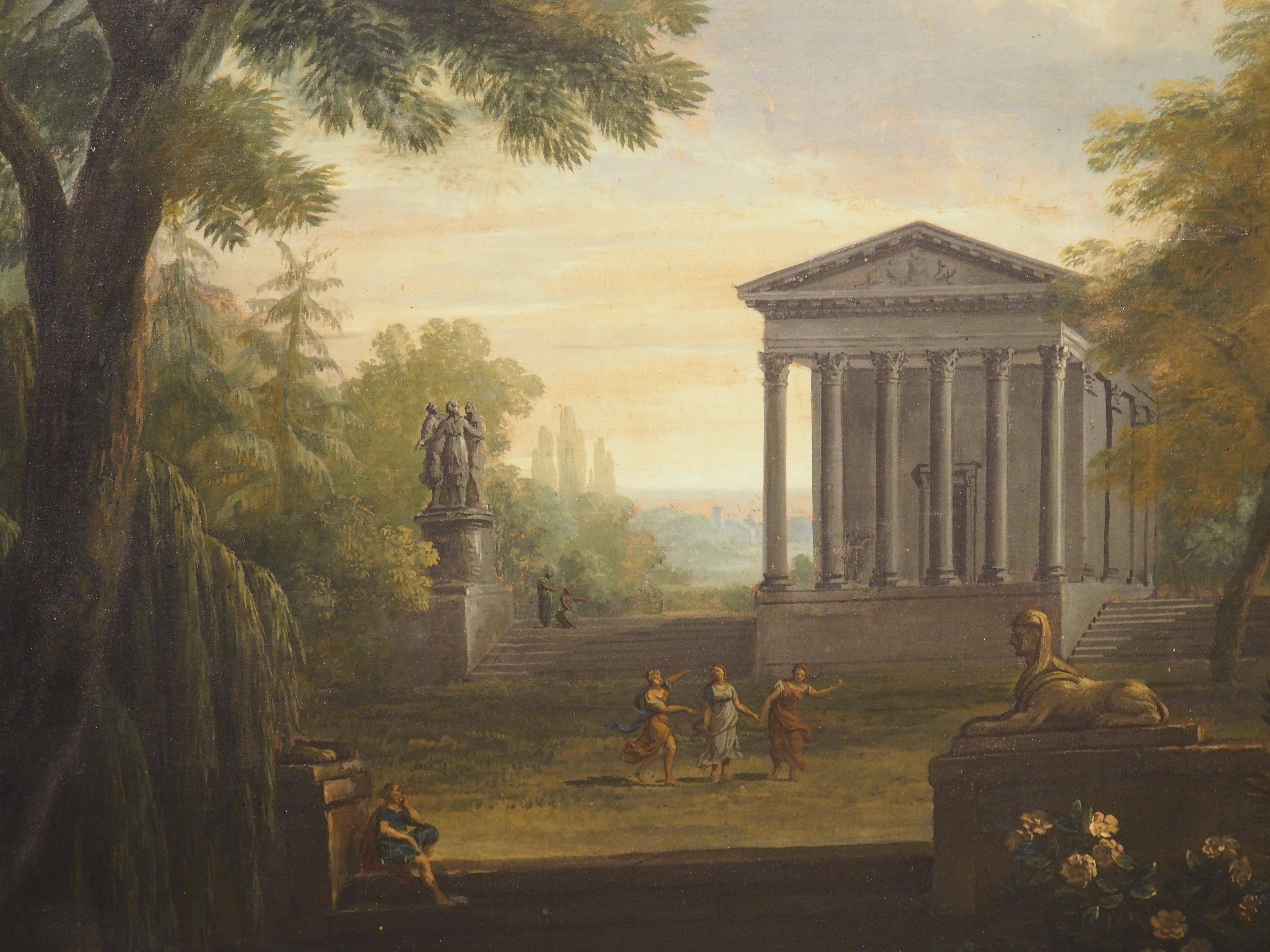 Antique French Öl auf Leinwand Landschaftsgemälde in der Art von Hubert Robert im Zustand „Gut“ im Angebot in Dallas, TX