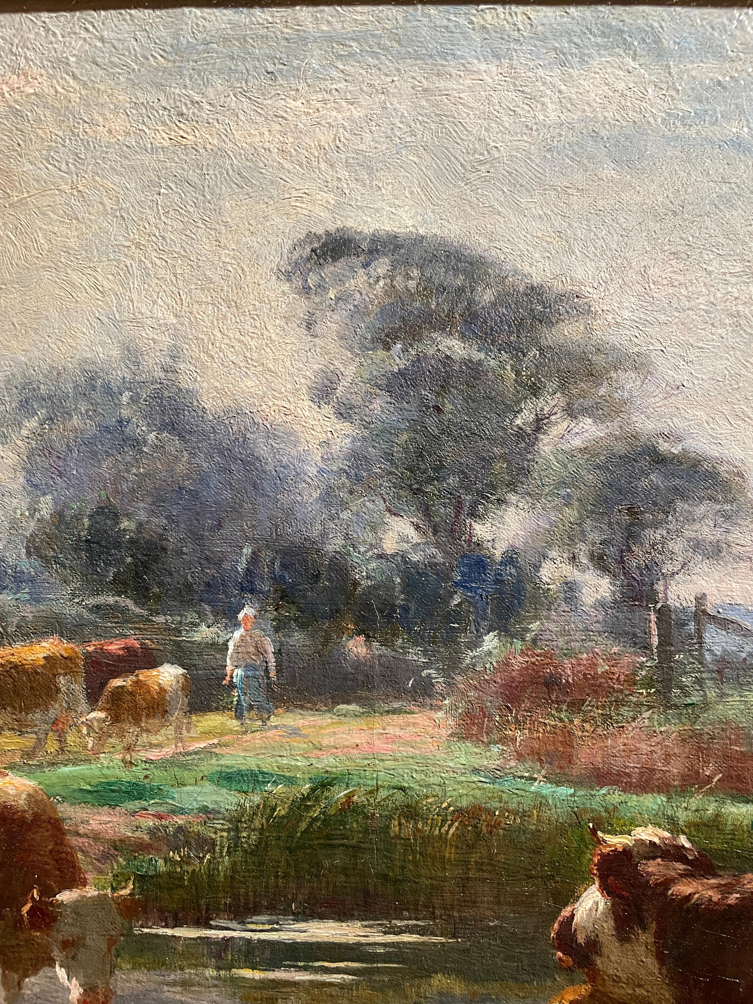 Wood Antique French Oil on Canvas Landscape Painting Signed Léon Barillot, Circa 1890 For Sale