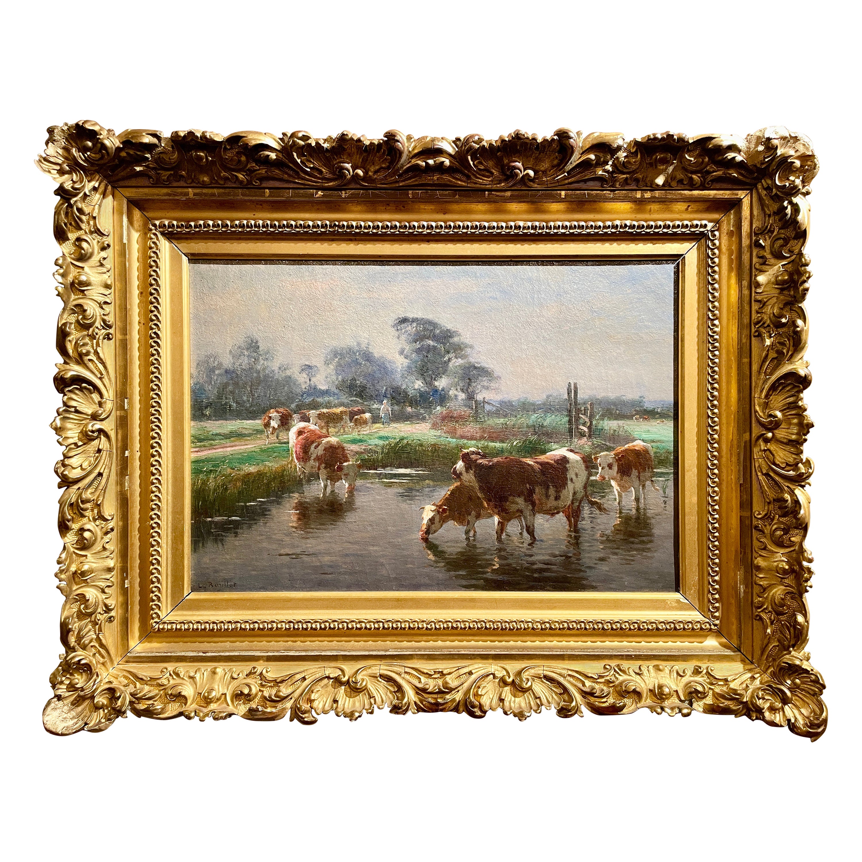 Ancienne peinture de paysage à l'huile sur toile signée Léon Barillot, Circa 1890