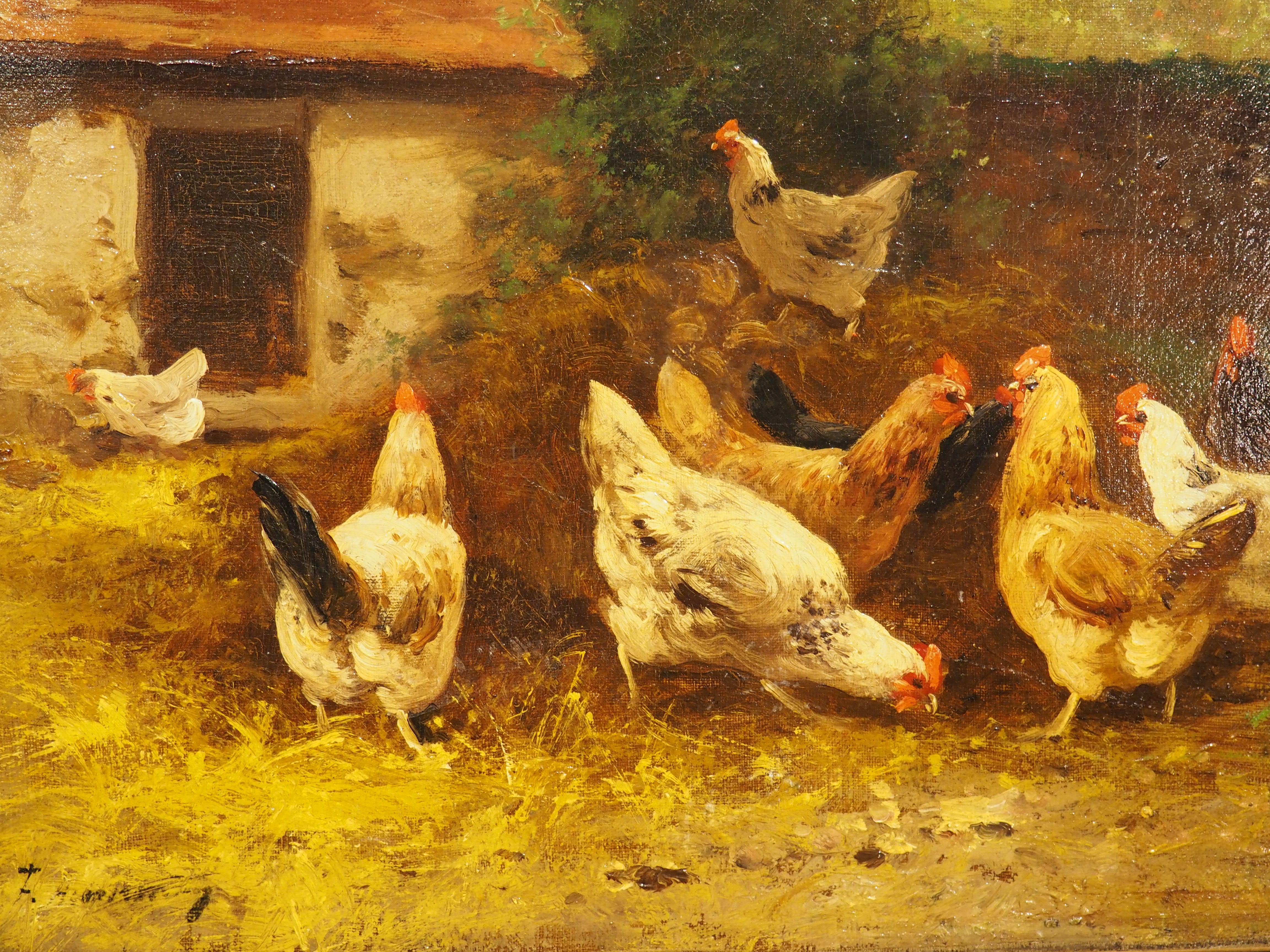 Antiguo cuadro francés al óleo sobre lienzo de una escena de corral 4