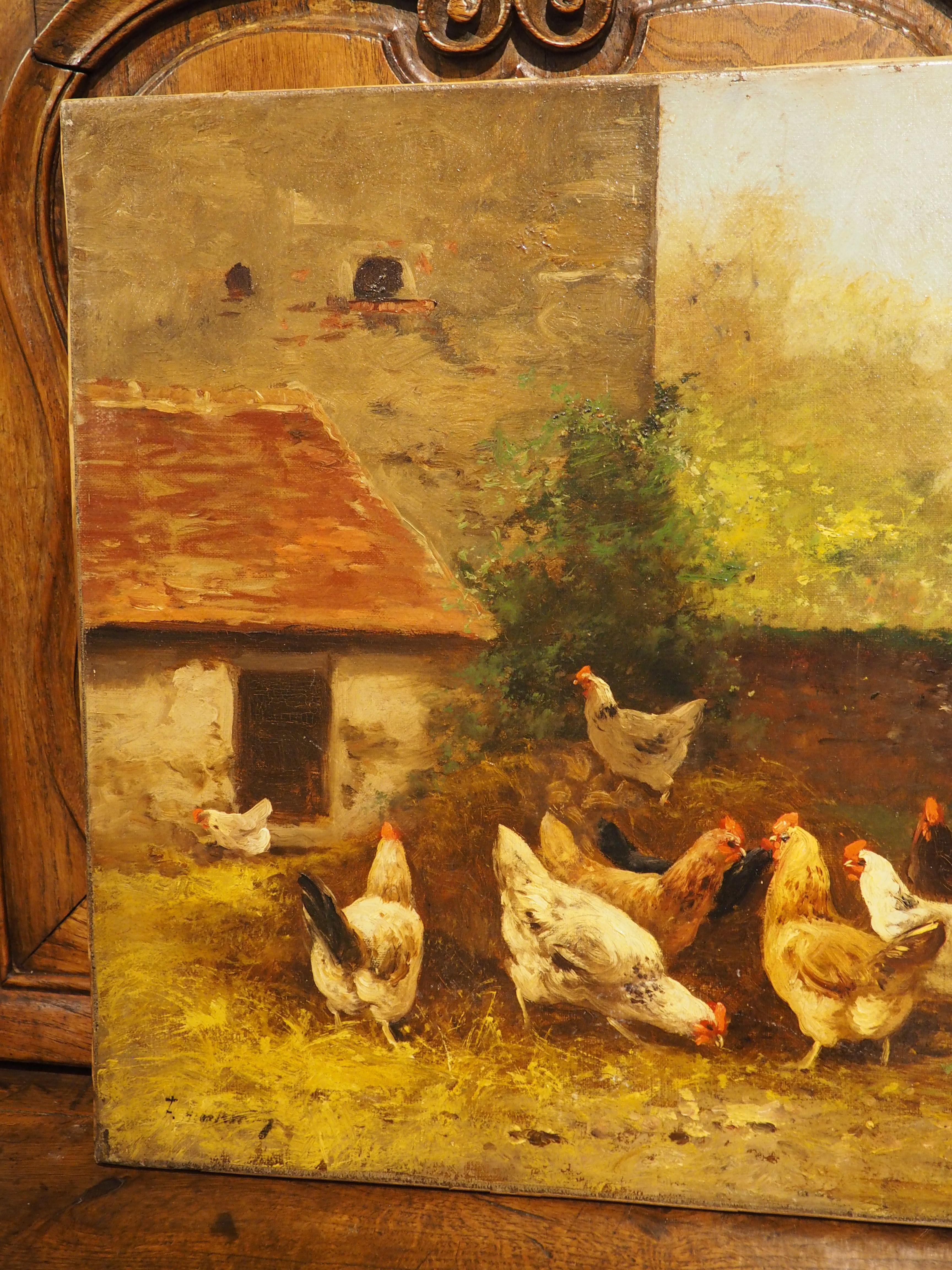 Antiguo cuadro francés al óleo sobre lienzo de una escena de corral Lienzo