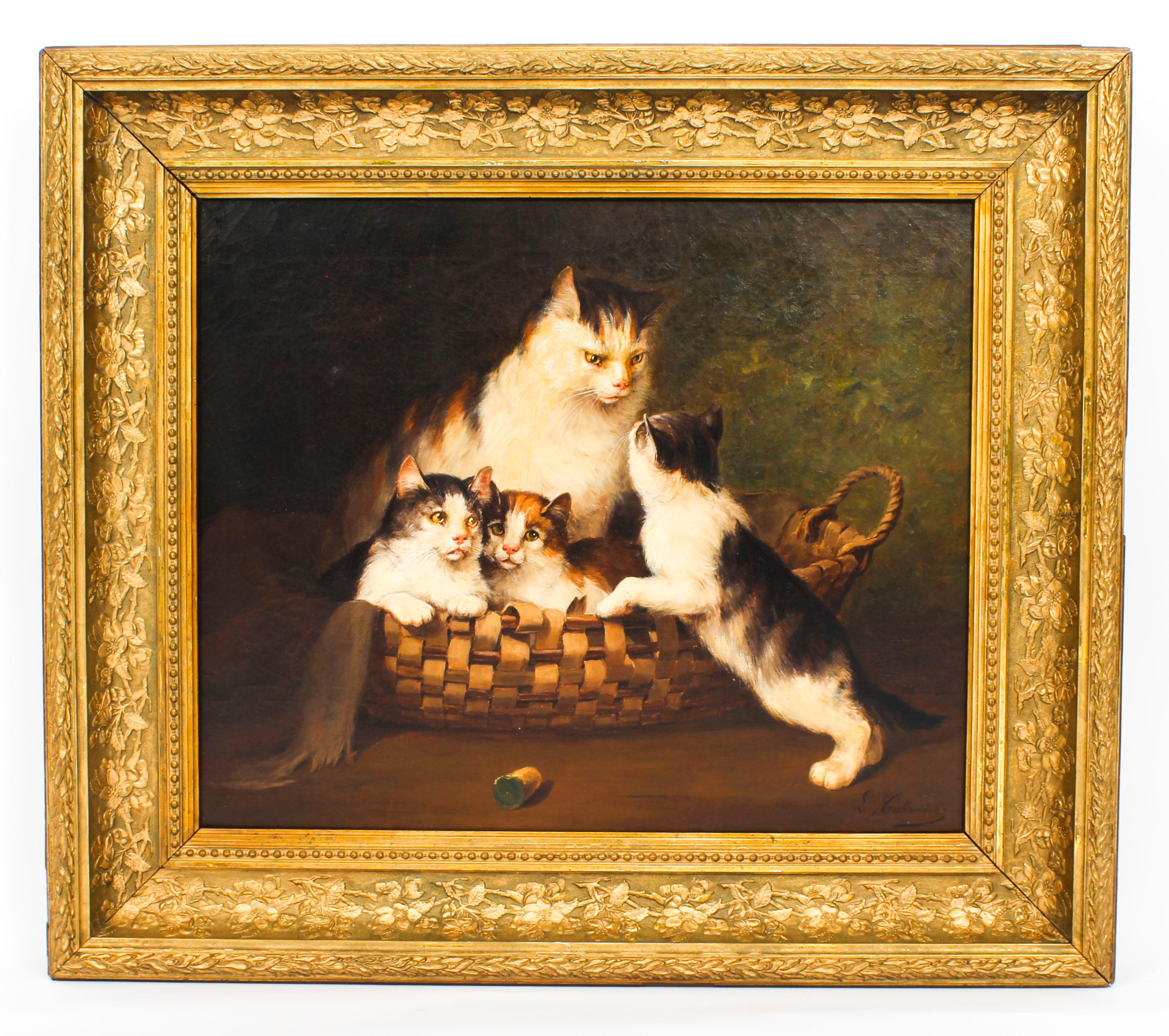 Antique French Oil on Canvas Painting of Kittens L. Cabaniez, 19th Century 5