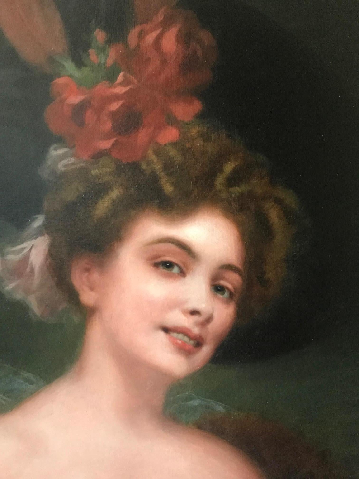 Superb quality and finely executed antique French oil on canvas portrait painting of a lovely young woman, signed lower right Maurice Jacquet (French, born 1877). 

The painting is set in it's original gold gilded frame with superb carvings of