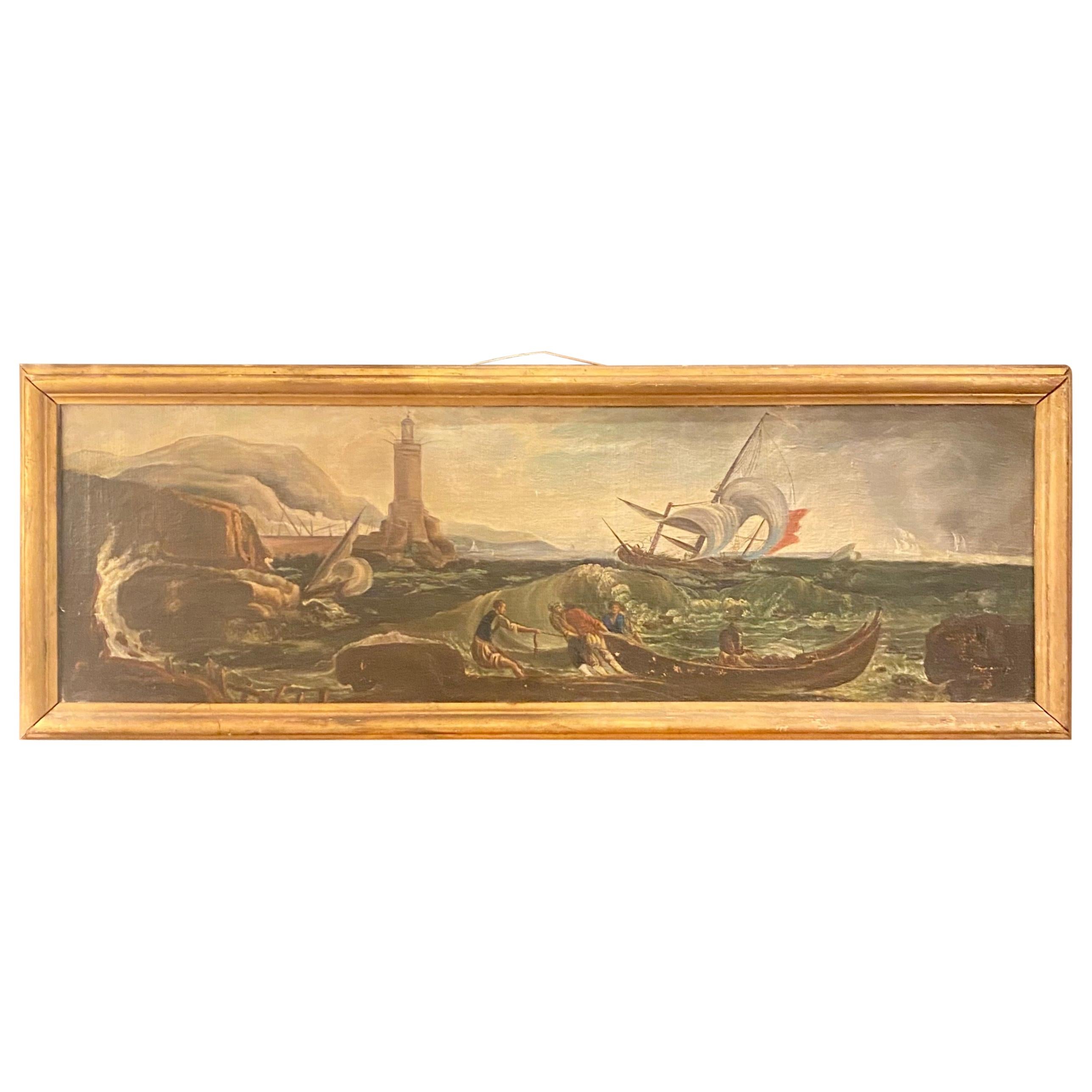 Antikes französisches Ölgemälde auf Leinwand, Meereslandschaft