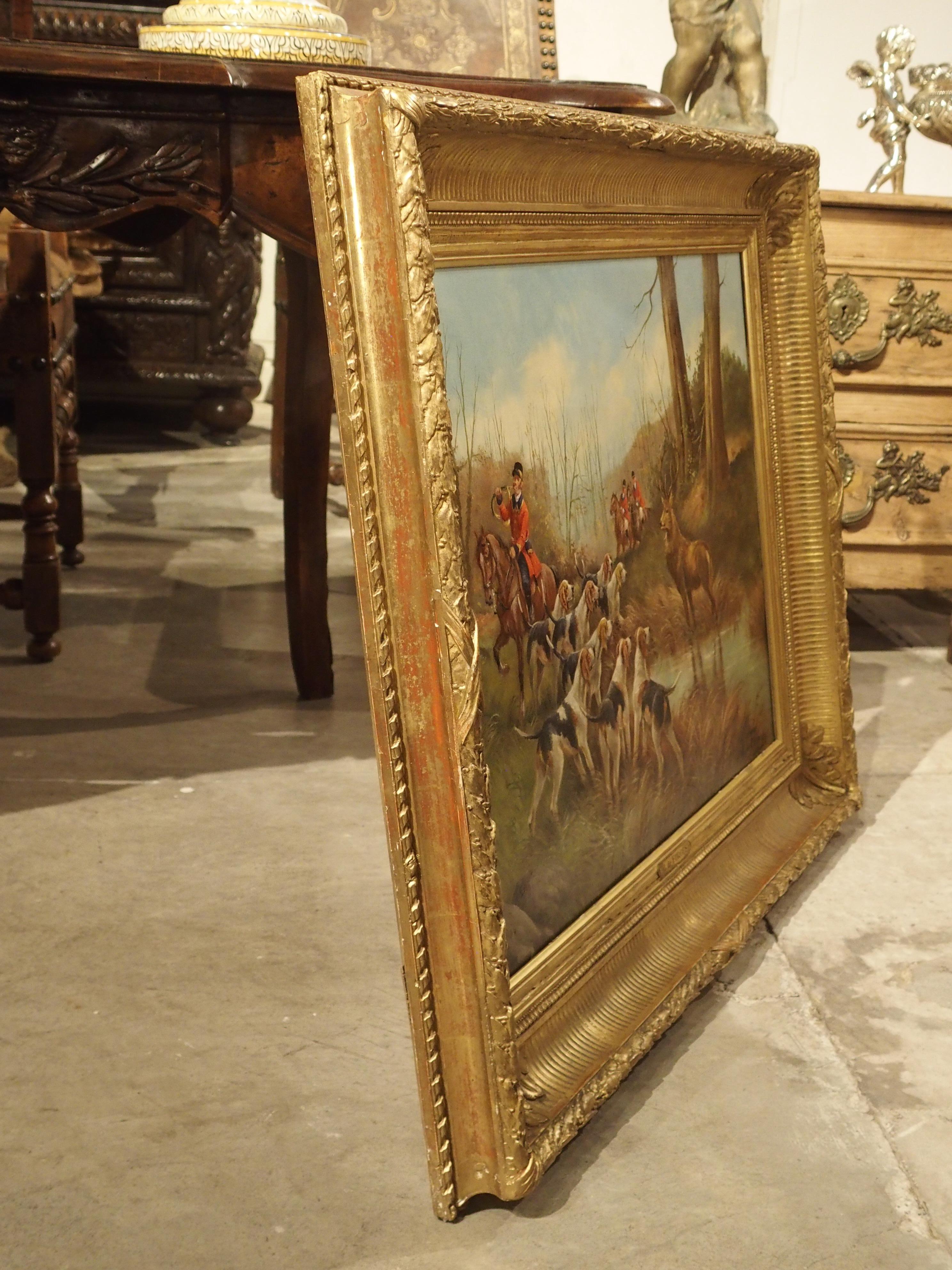 Ancienne peinture française à l'huile sur toile de chasse au cerf dans un cadre en bois doré, H. De Forges en vente 3