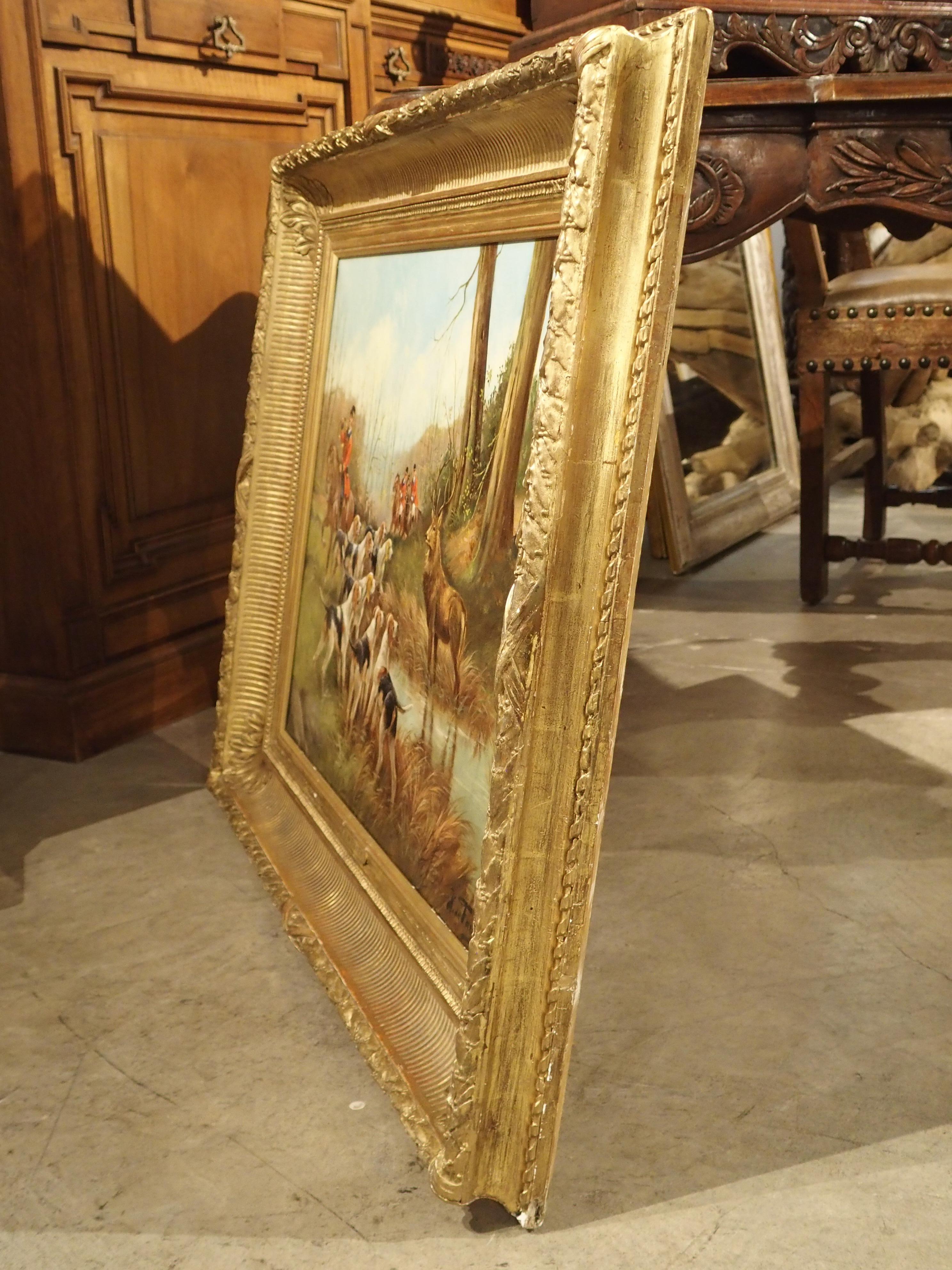 Antikes französisches Gemälde, Öl auf Leinwand, Hirsch auf der Jagd, in vergoldetem Holzrahmen, H. De Forges im Angebot 4