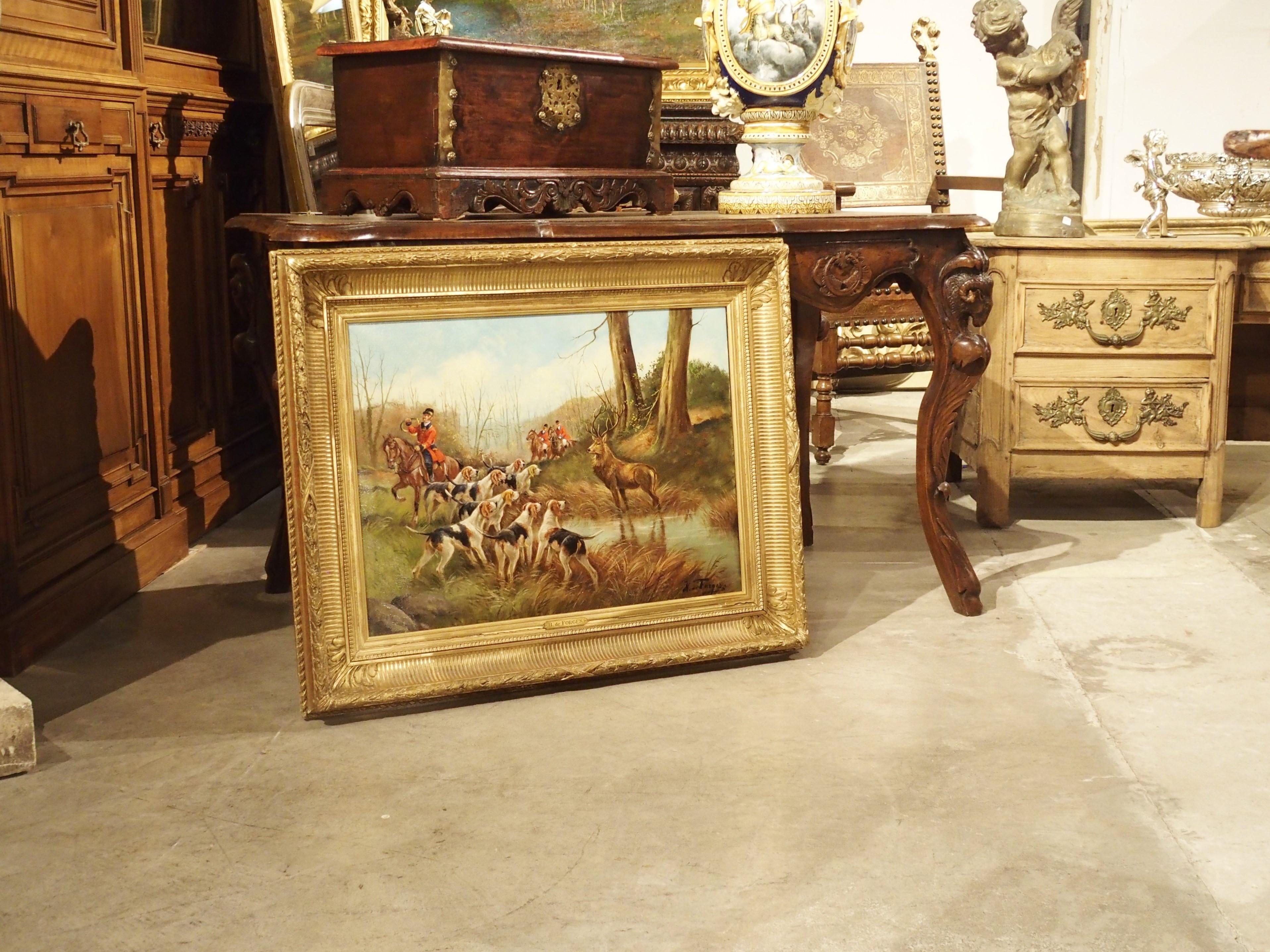 Antique French Oil on Canvas Stag Hunt Painting in Giltwood Frame, H. De Forges For Sale 8