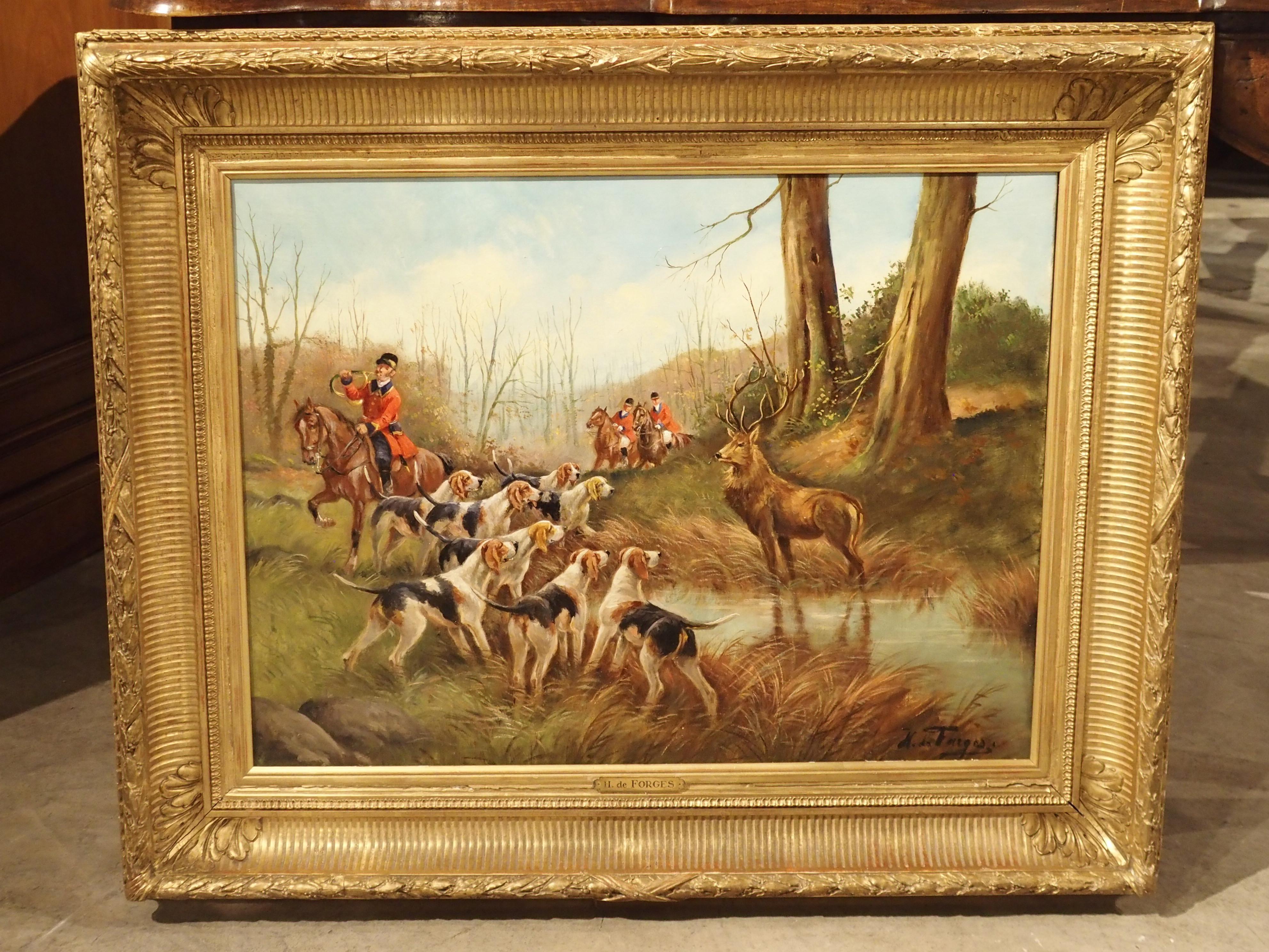 Antique French Oil on Canvas Stag Hunt Painting in Giltwood Frame, H. De Forges For Sale 9