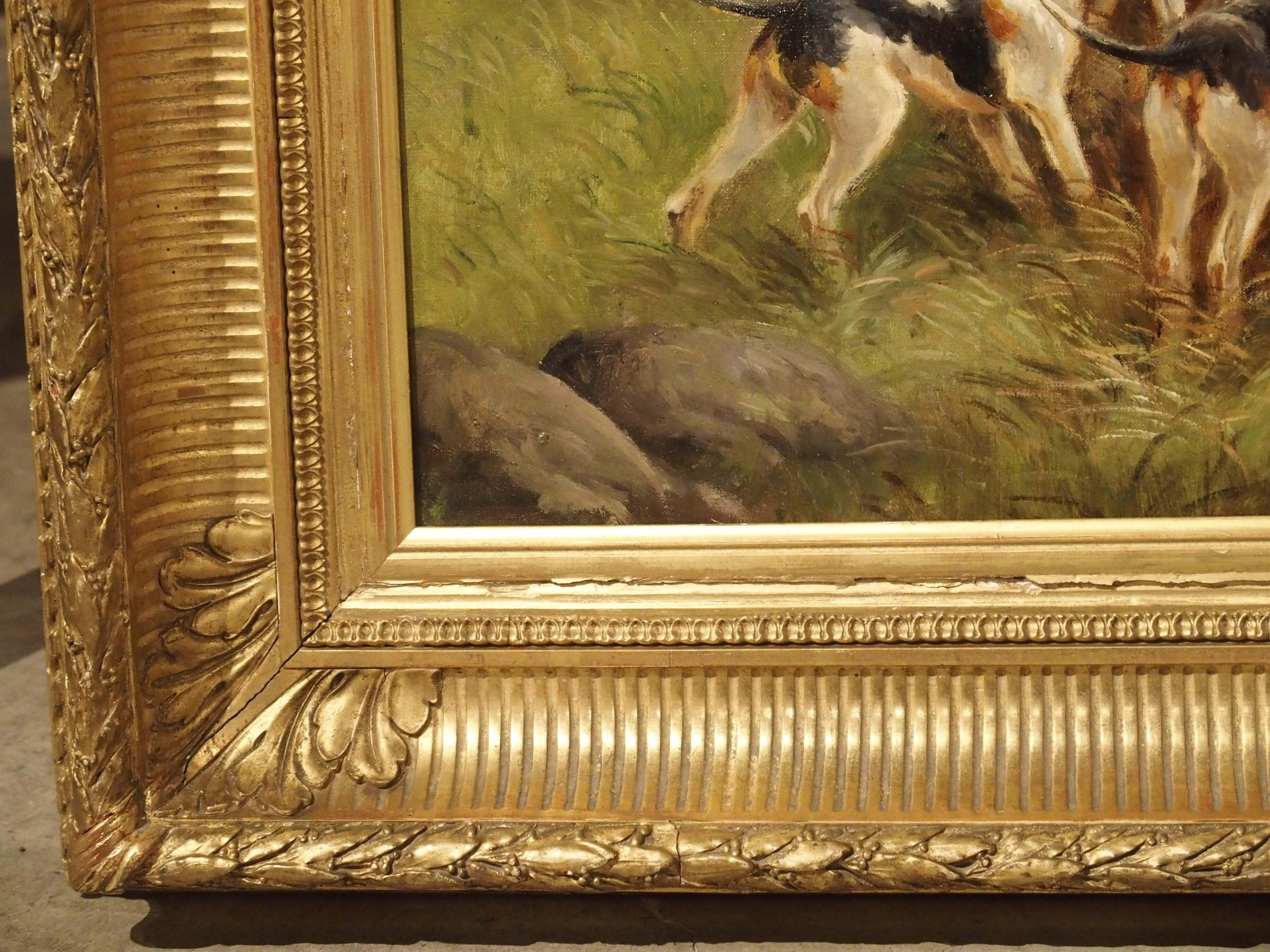 Antique French Oil on Canvas Stag Hunt Painting in Giltwood Frame, H. De Forges For Sale 10