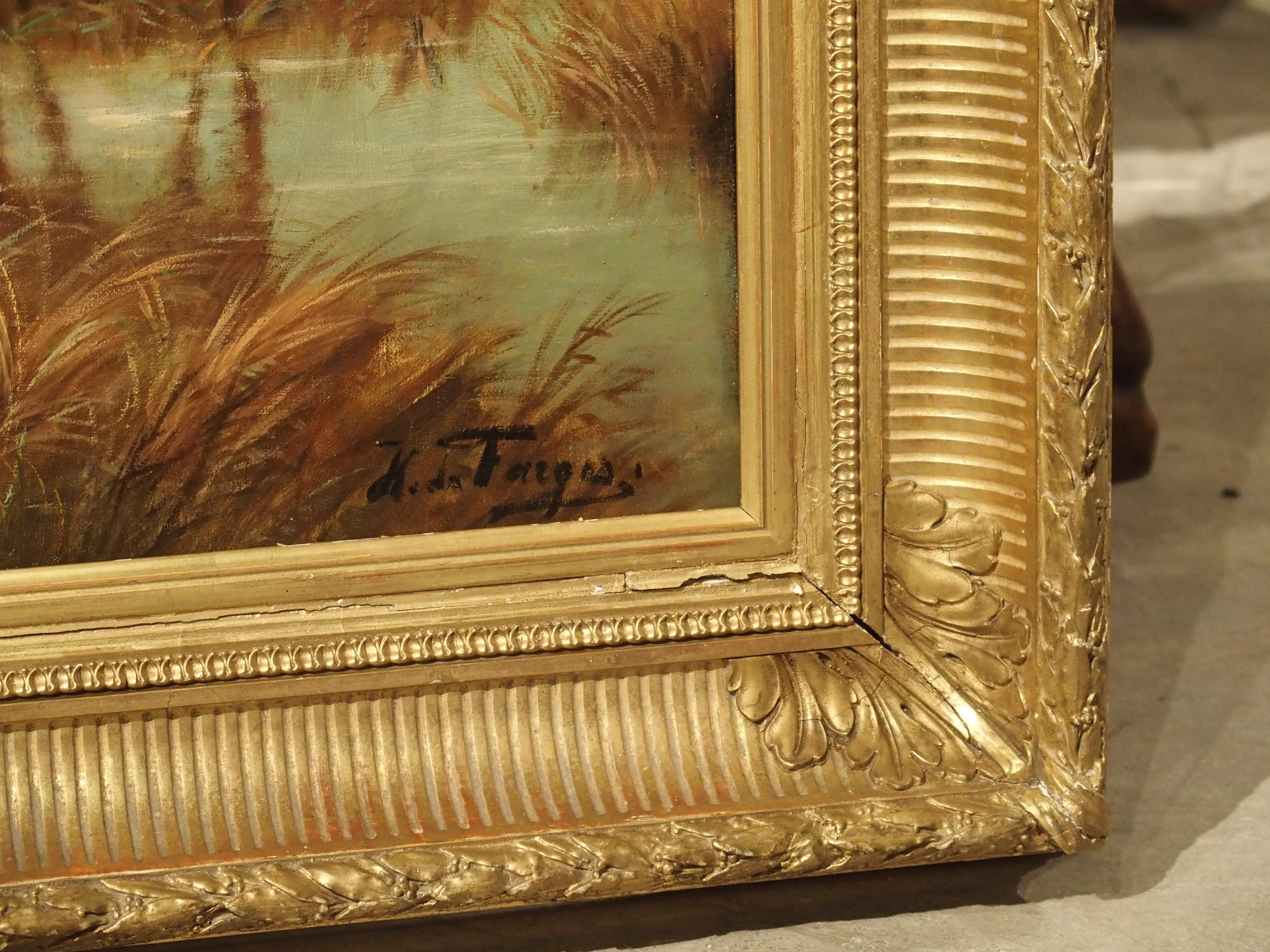 Antique French Oil on Canvas Stag Hunt Painting in Giltwood Frame, H. De Forges For Sale 11