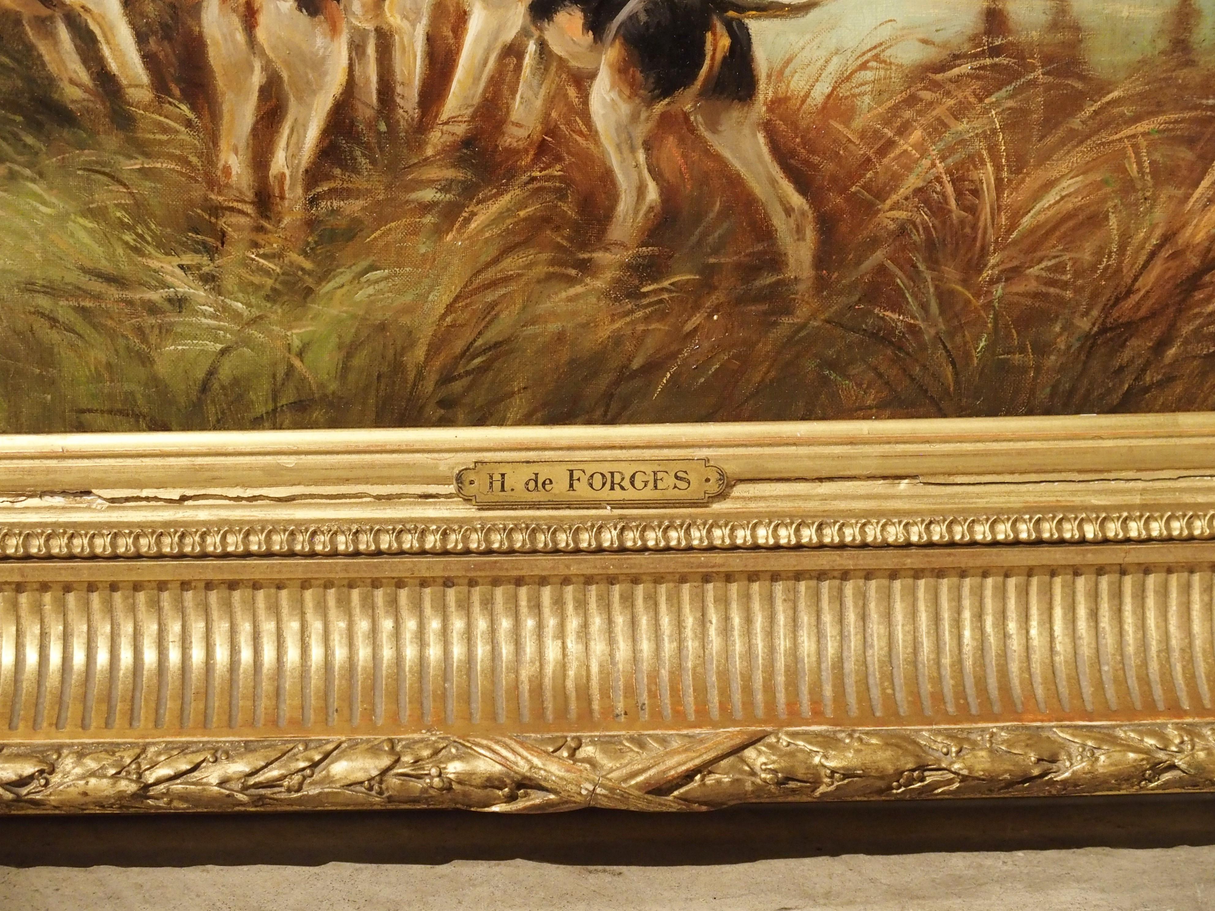 Ancienne peinture française à l'huile sur toile de chasse au cerf dans un cadre en bois doré, H. De Forges en vente 9
