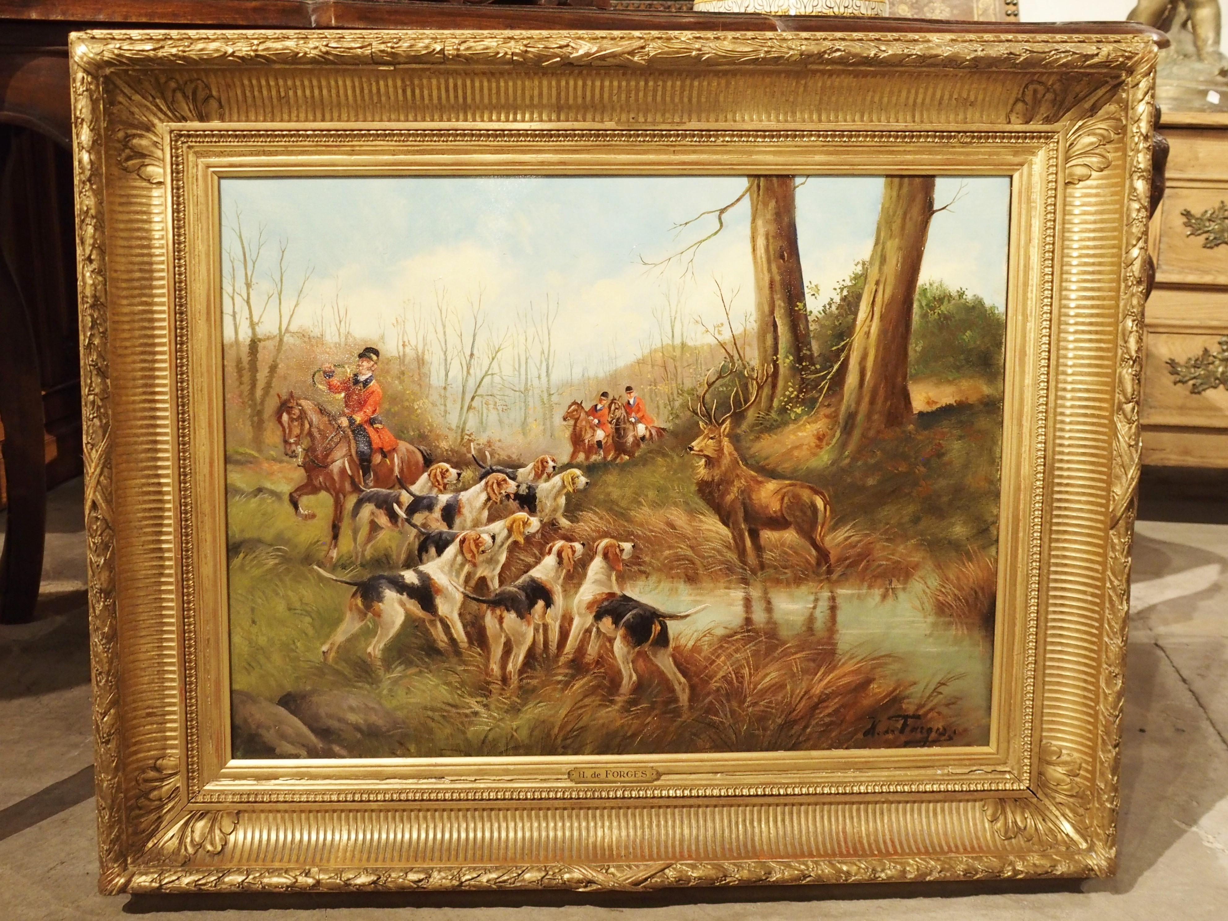 Antique French Oil on Canvas Stag Hunt Painting in Giltwood Frame, H. De Forges For Sale 13