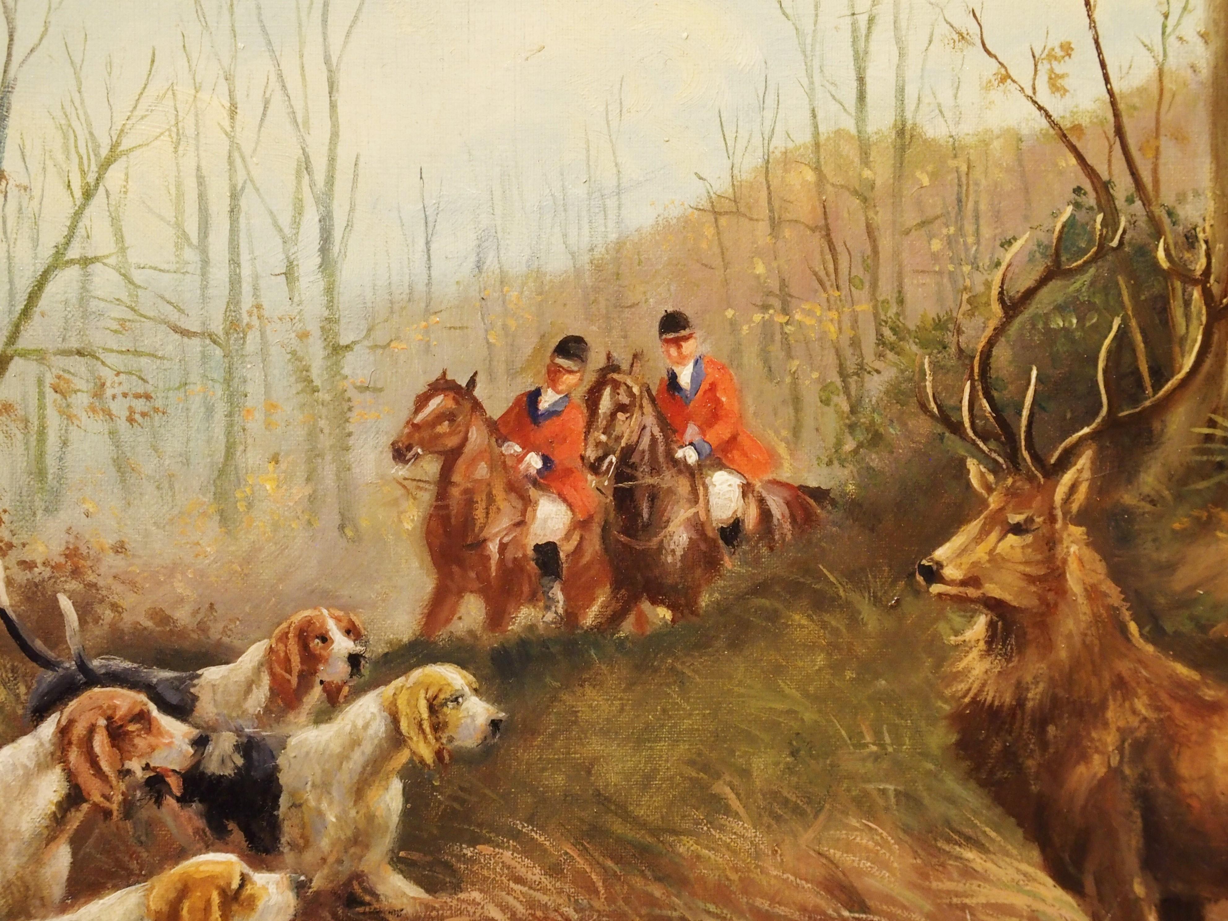 Antikes französisches Gemälde, Öl auf Leinwand, Hirsch auf der Jagd, in vergoldetem Holzrahmen, H. De Forges (Vergoldet) im Angebot