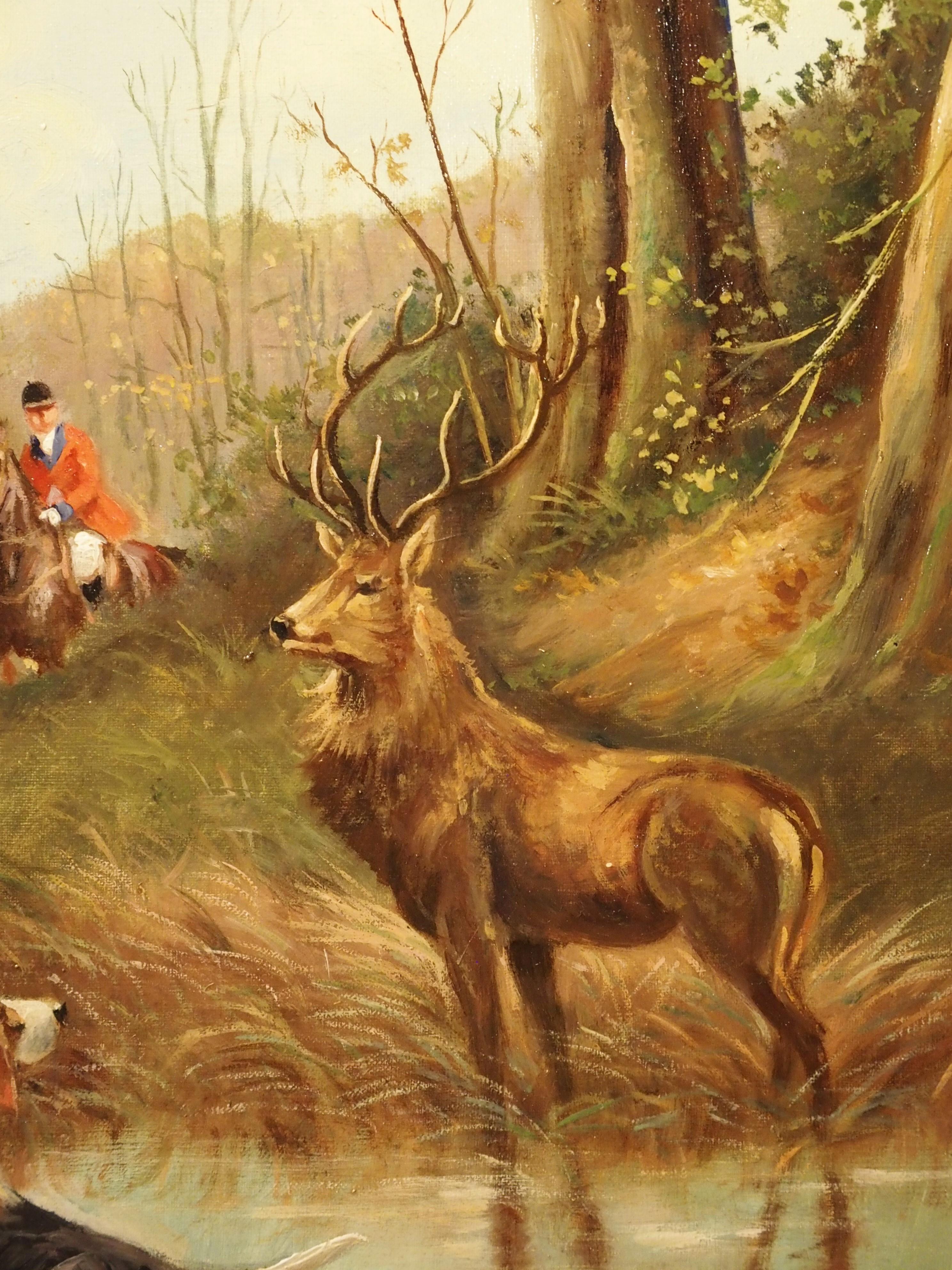 Ancienne peinture française à l'huile sur toile de chasse au cerf dans un cadre en bois doré, H. De Forges Bon état - En vente à Dallas, TX