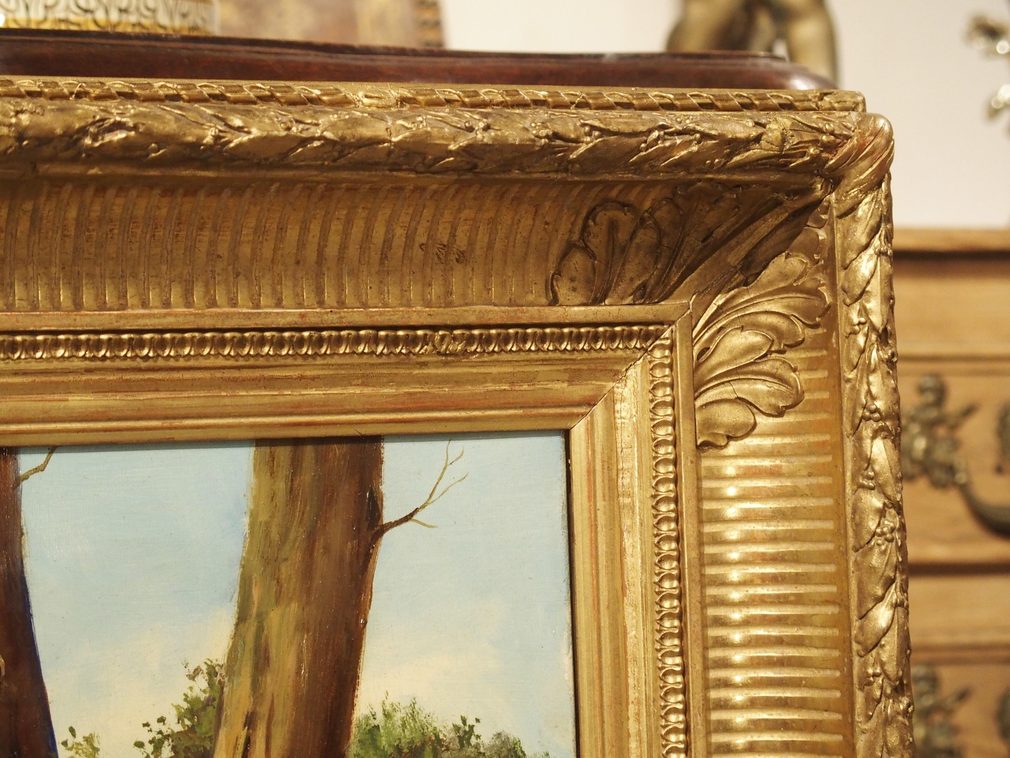 XIXe siècle Ancienne peinture française à l'huile sur toile de chasse au cerf dans un cadre en bois doré, H. De Forges en vente