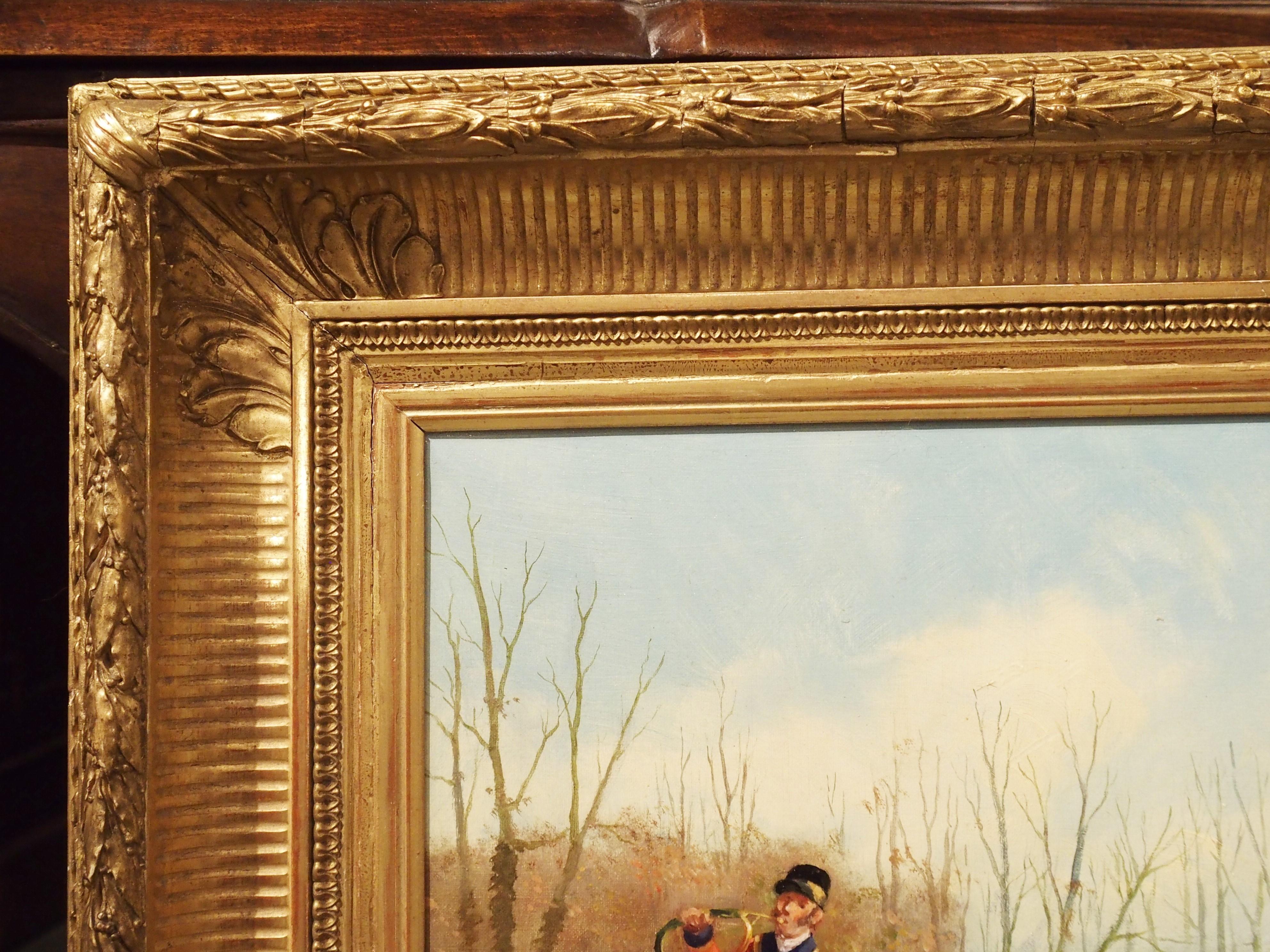 Antikes französisches Gemälde, Öl auf Leinwand, Hirsch auf der Jagd, in vergoldetem Holzrahmen, H. De Forges (Vergoldetes Holz) im Angebot