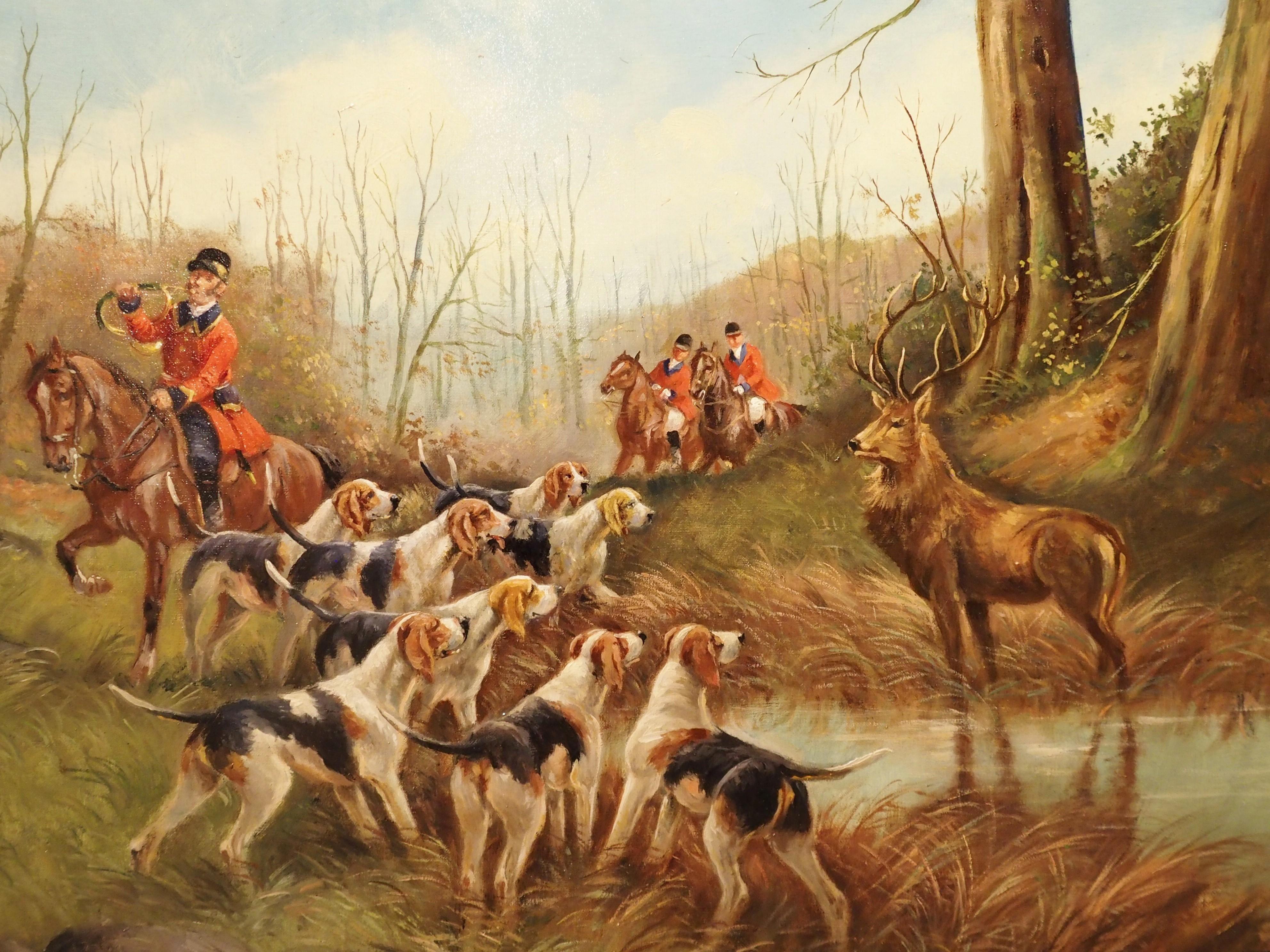 Ancienne peinture française à l'huile sur toile de chasse au cerf dans un cadre en bois doré, H. De Forges en vente 1