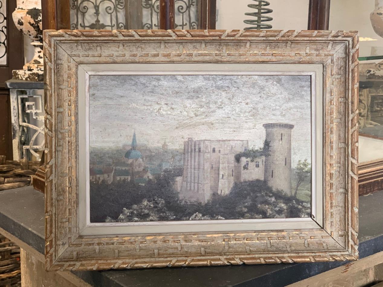 Hand-Painted Antique French Oil On Panel Of A Castle For Sale
