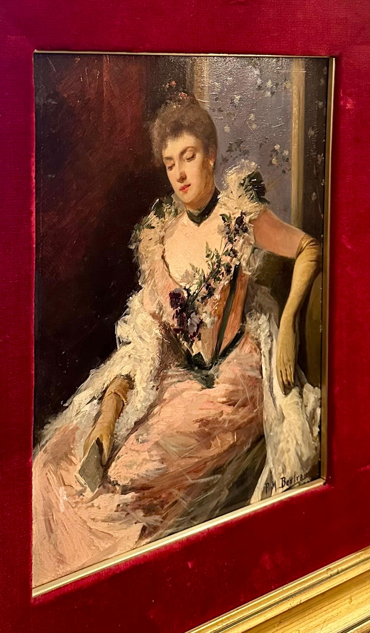 Français Ancienne peinture française à l'huile sur panneau d'une femme par « P.M. Bertran des années 1900 en vente