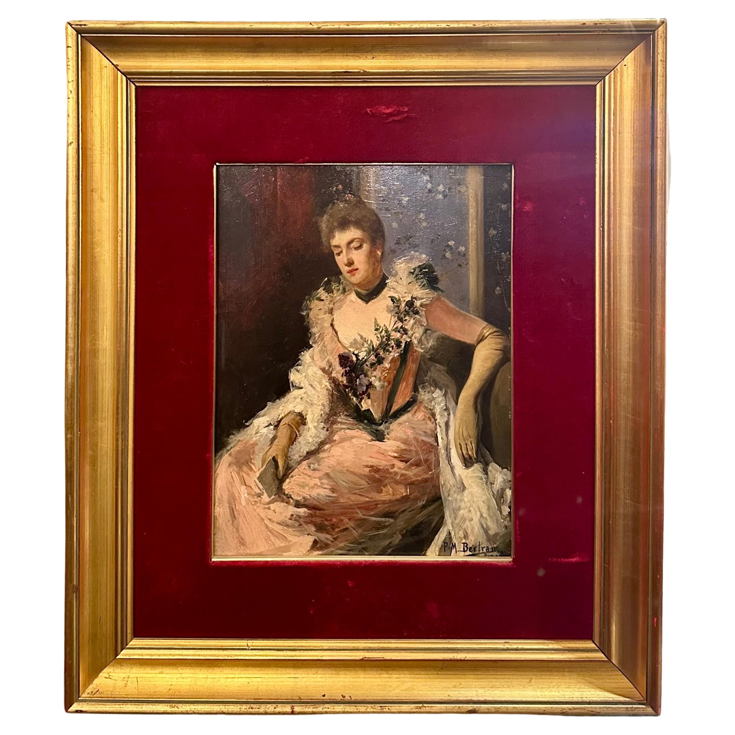 Ancienne peinture française à l'huile sur panneau d'une femme par « P.M. Bertran des années 1900