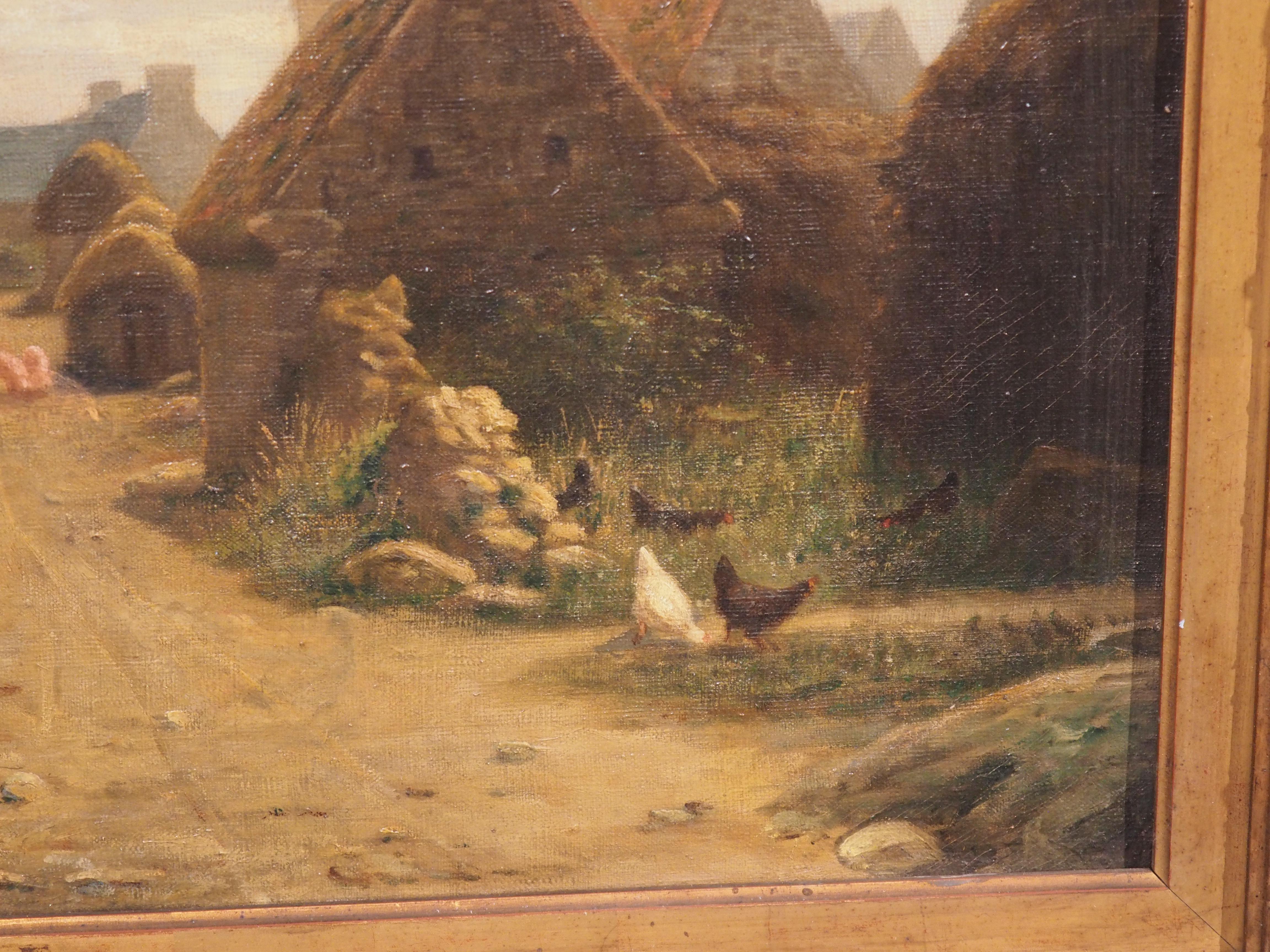 Antique French Oil Painting, A Farm Village Scene by Emile Lienard, Late 1800s For Sale 6