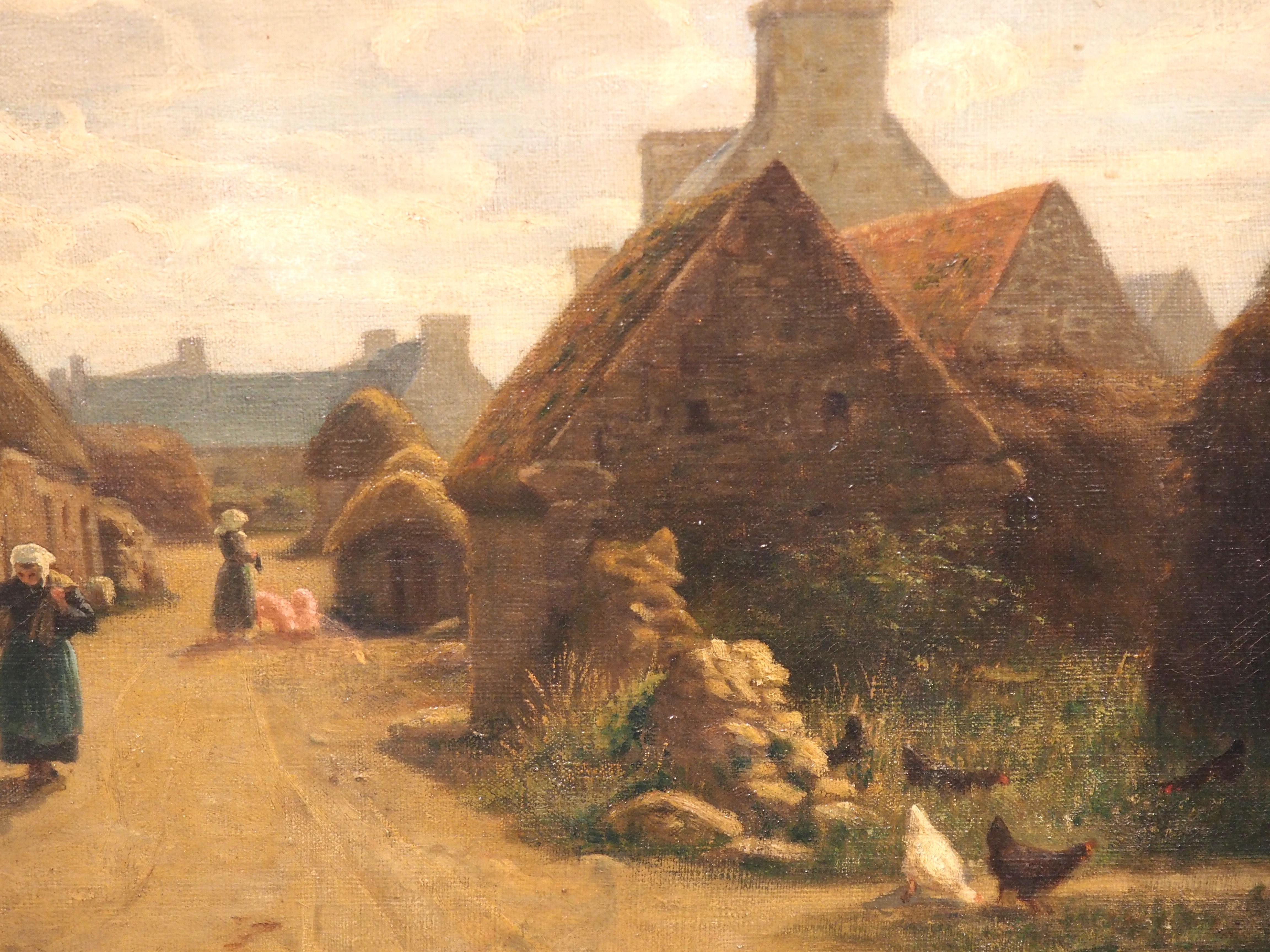 Antique French Oil Painting, A Farm Village Scene by Emile Lienard, Late 1800s For Sale 7