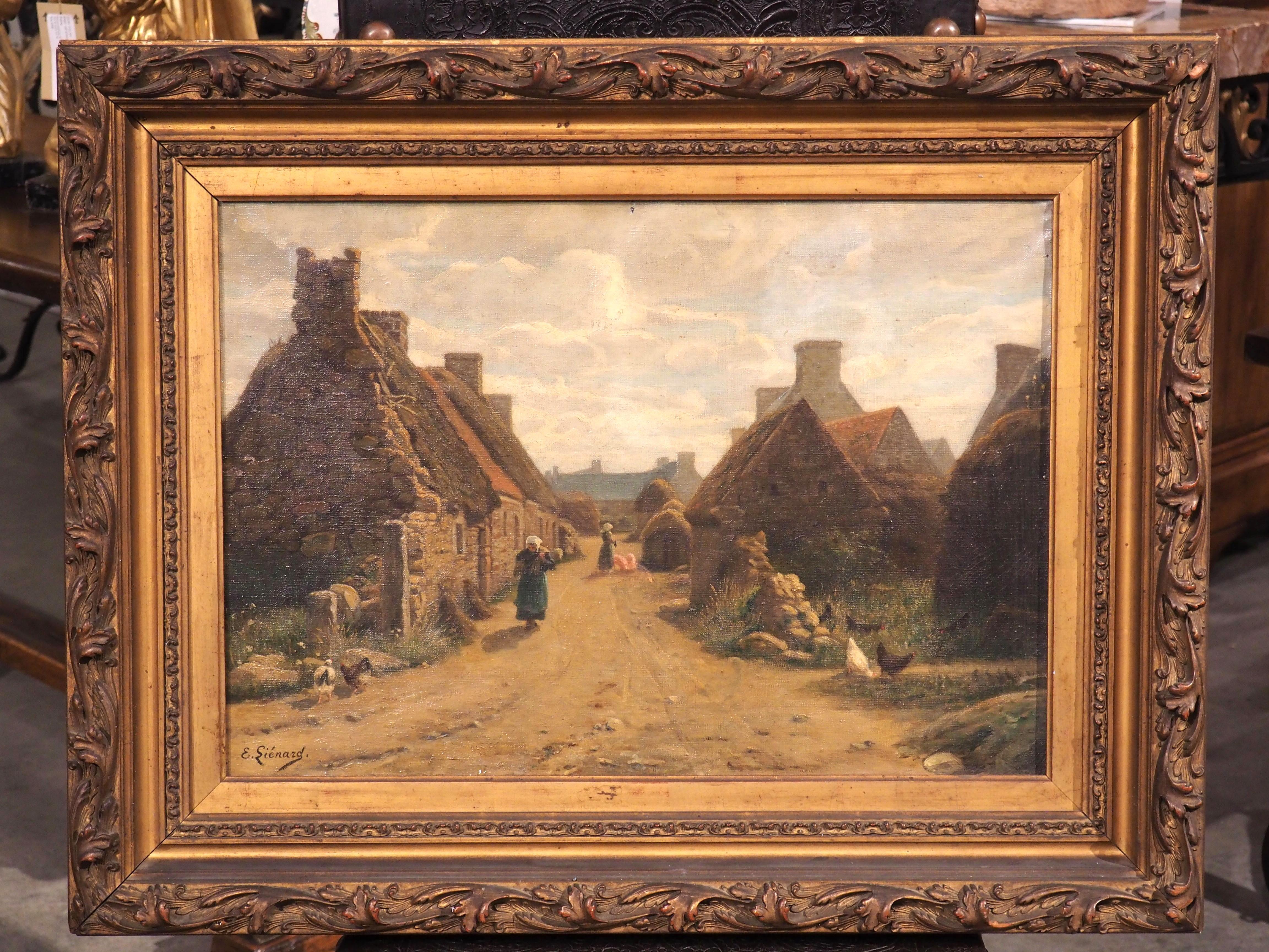 Antique French Oil Painting, A Farm Village Scene by Emile Lienard, Late 1800s For Sale 8