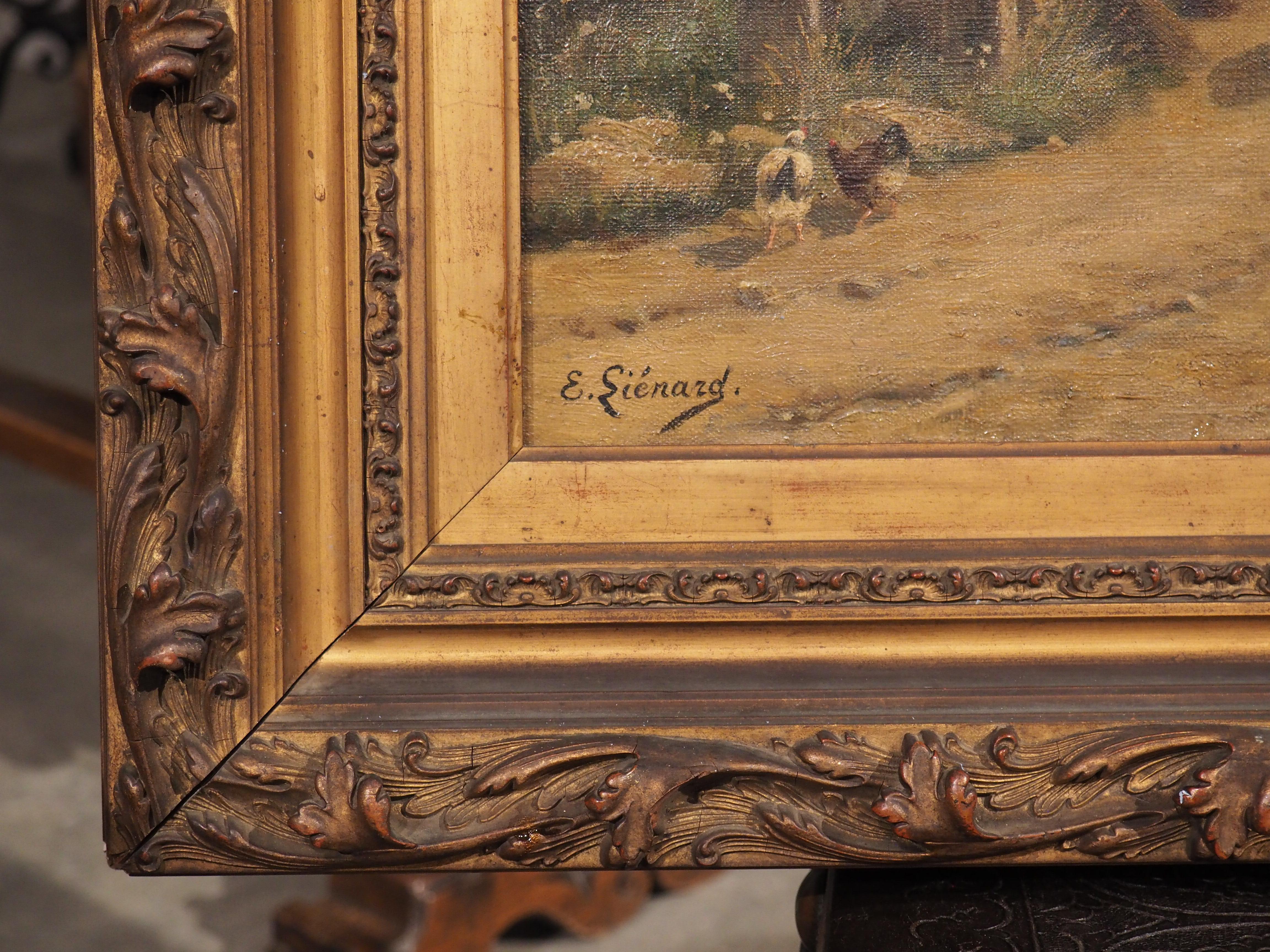 Antique French Oil Painting, A Farm Village Scene by Emile Lienard, Late 1800s In Good Condition For Sale In Dallas, TX