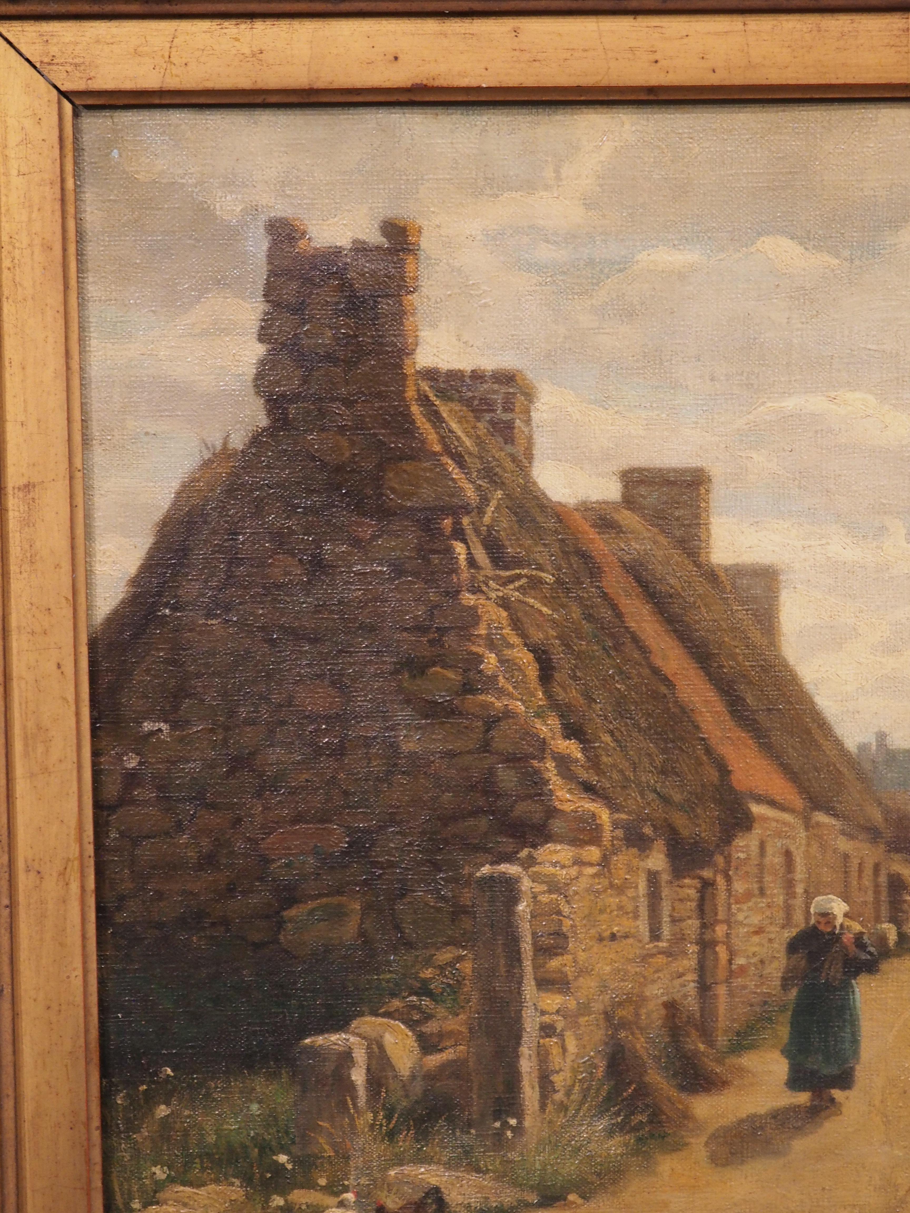 Antique French Oil Painting, A Farm Village Scene by Emile Lienard, Late 1800s For Sale 3