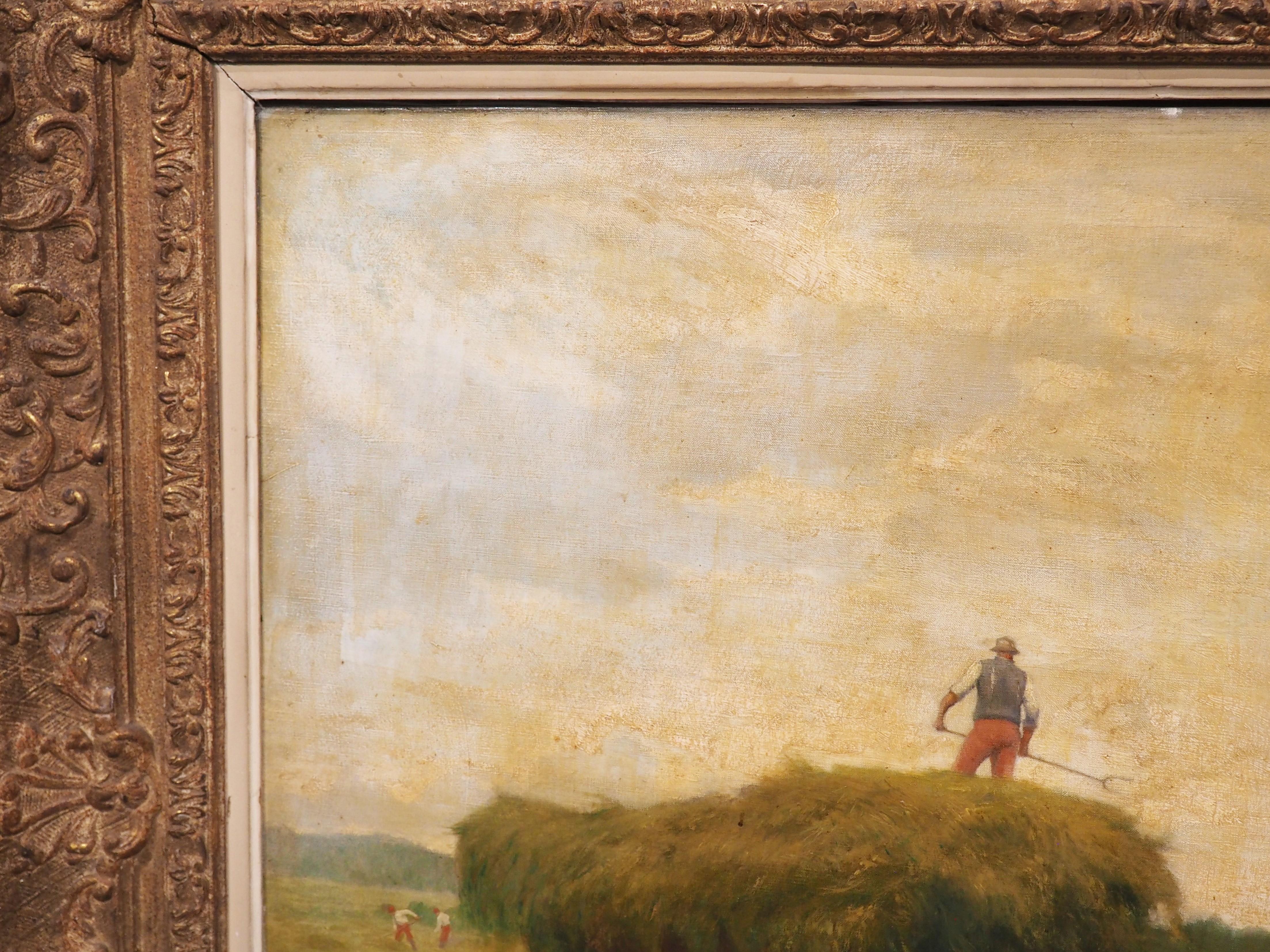 Antique French Oil Painting, A Hay Collection Scene by Emile Lienard 7