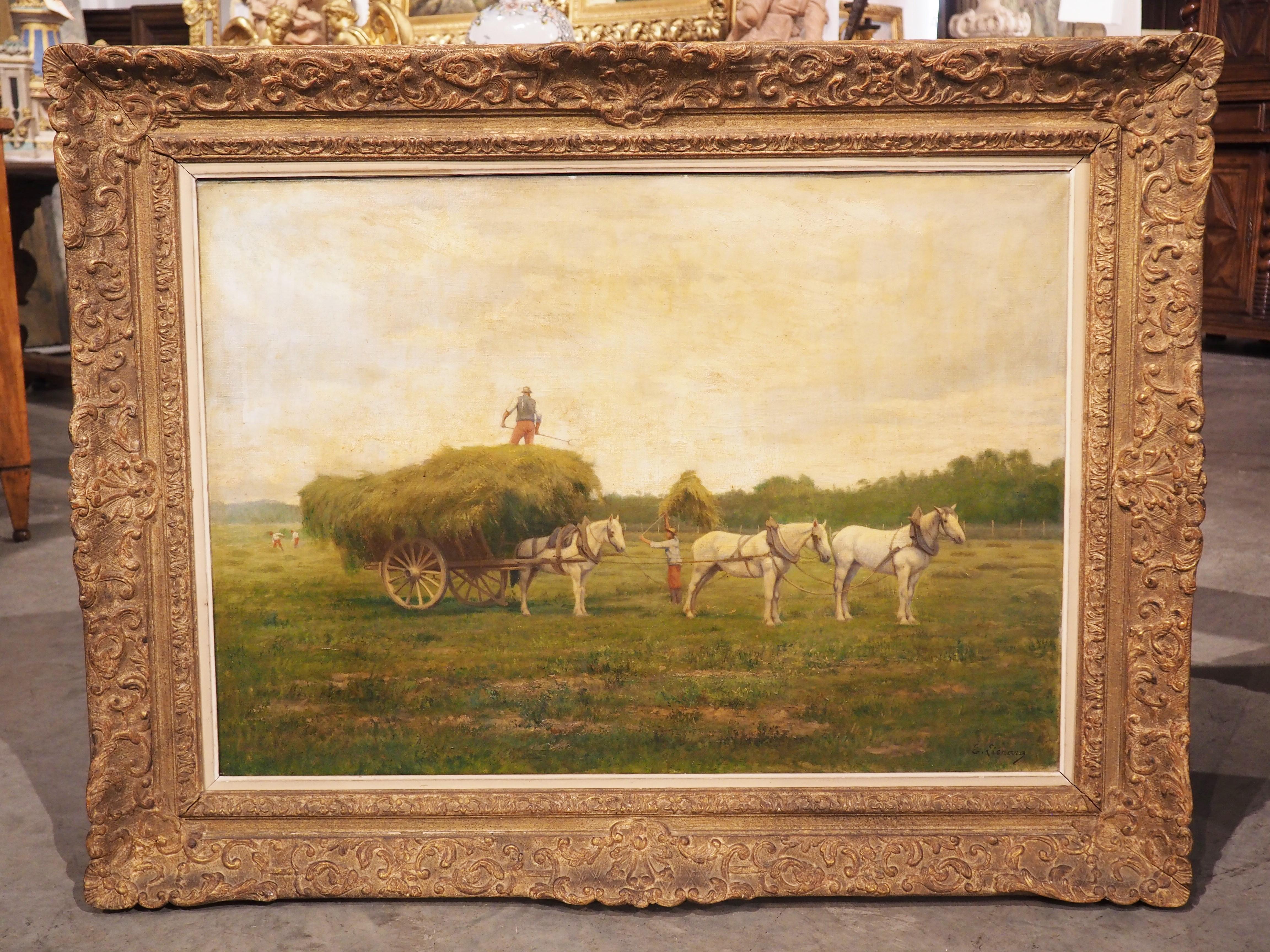 Antique French Oil Painting, A Hay Collection Scene by Emile Lienard 12
