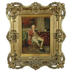 Antique French Oil Painting by Luis Borione, Interior Genre Parlor Scene, c1870