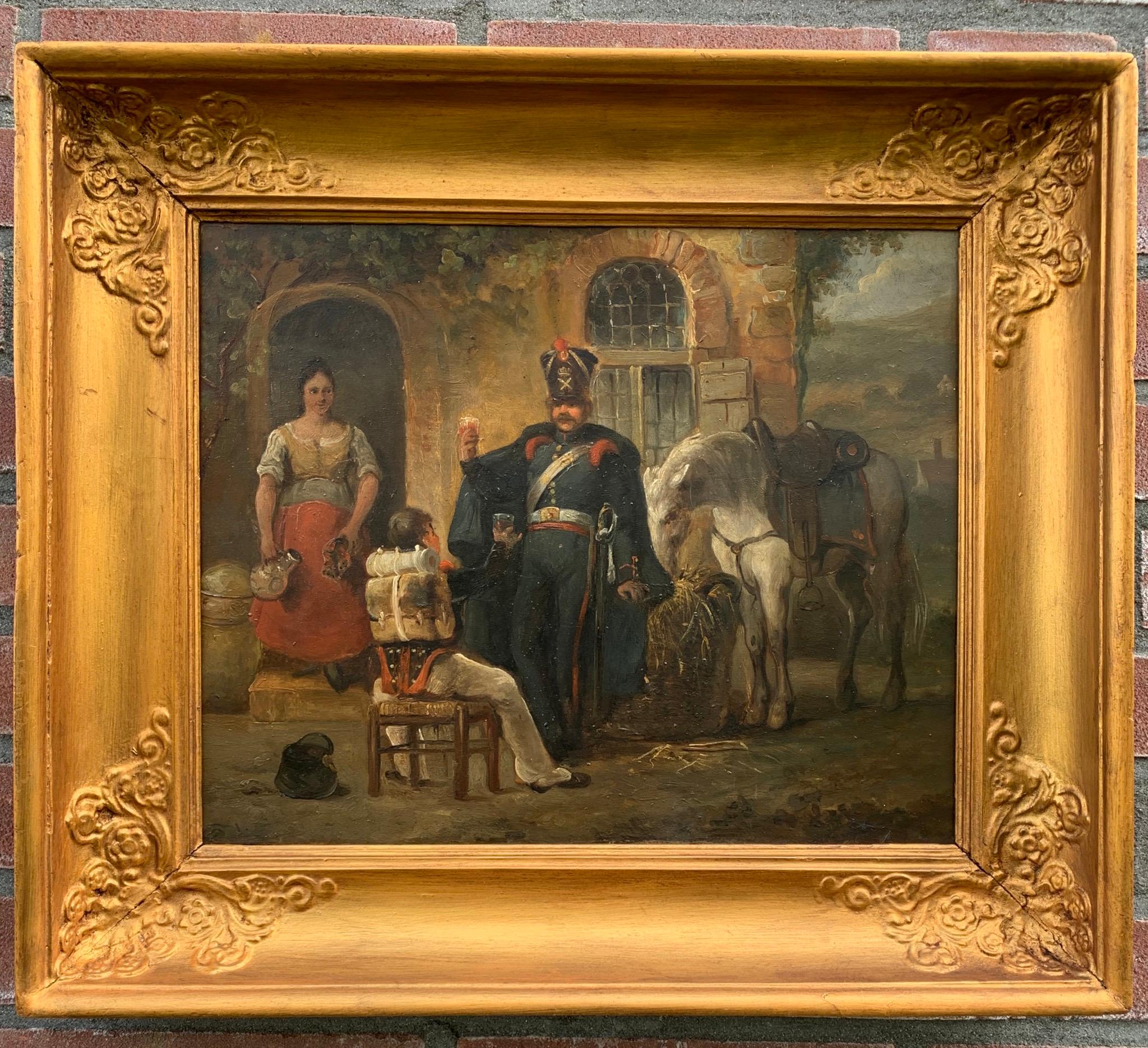 Romantic Antique French Oil Painting Depicting Soldiers Drinking and a White Horse Eating For Sale
