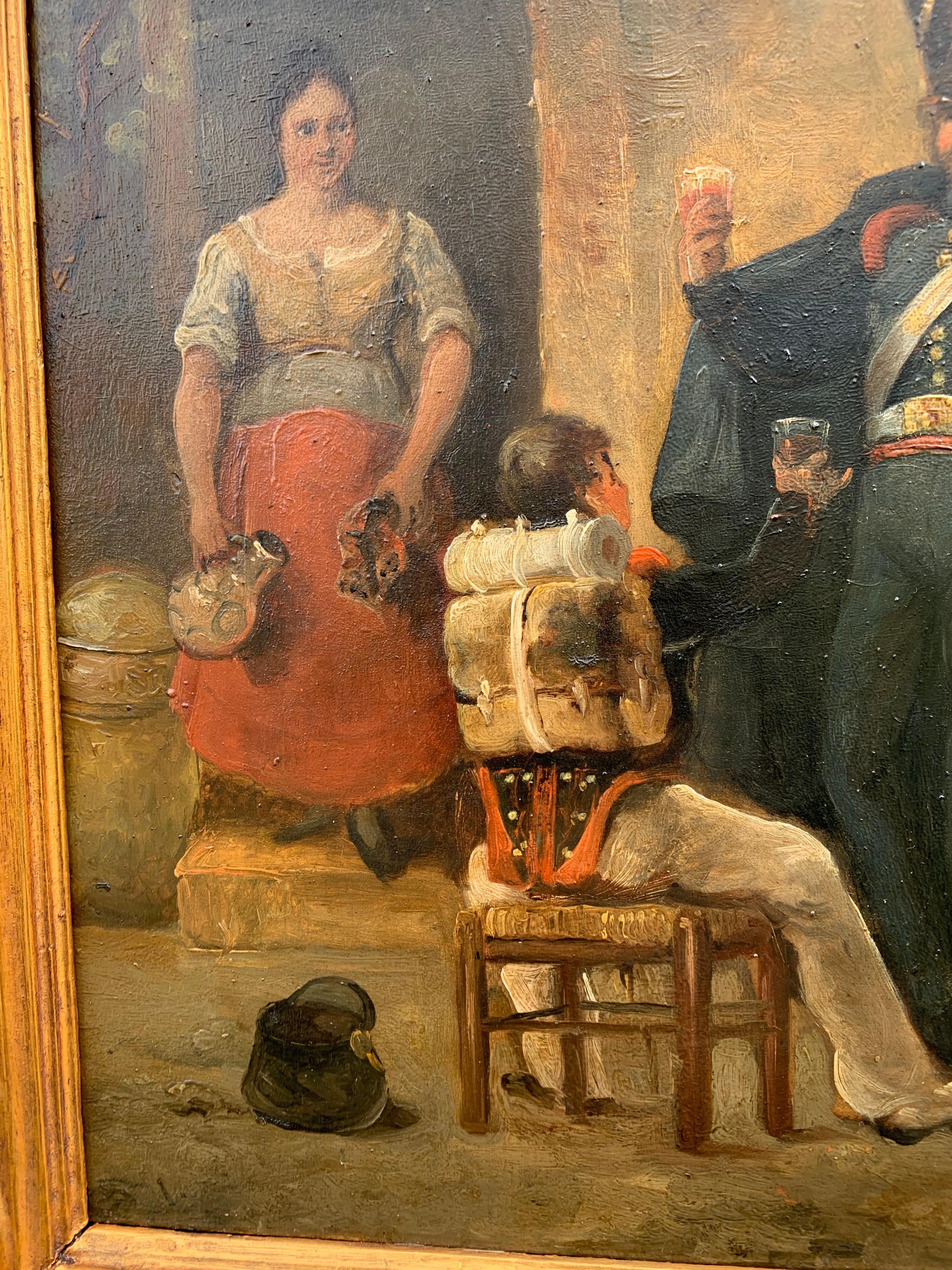 Peinture à l'huile française ancienne représentant des soldats boignant et un cheval blanc mangeant en vente 4