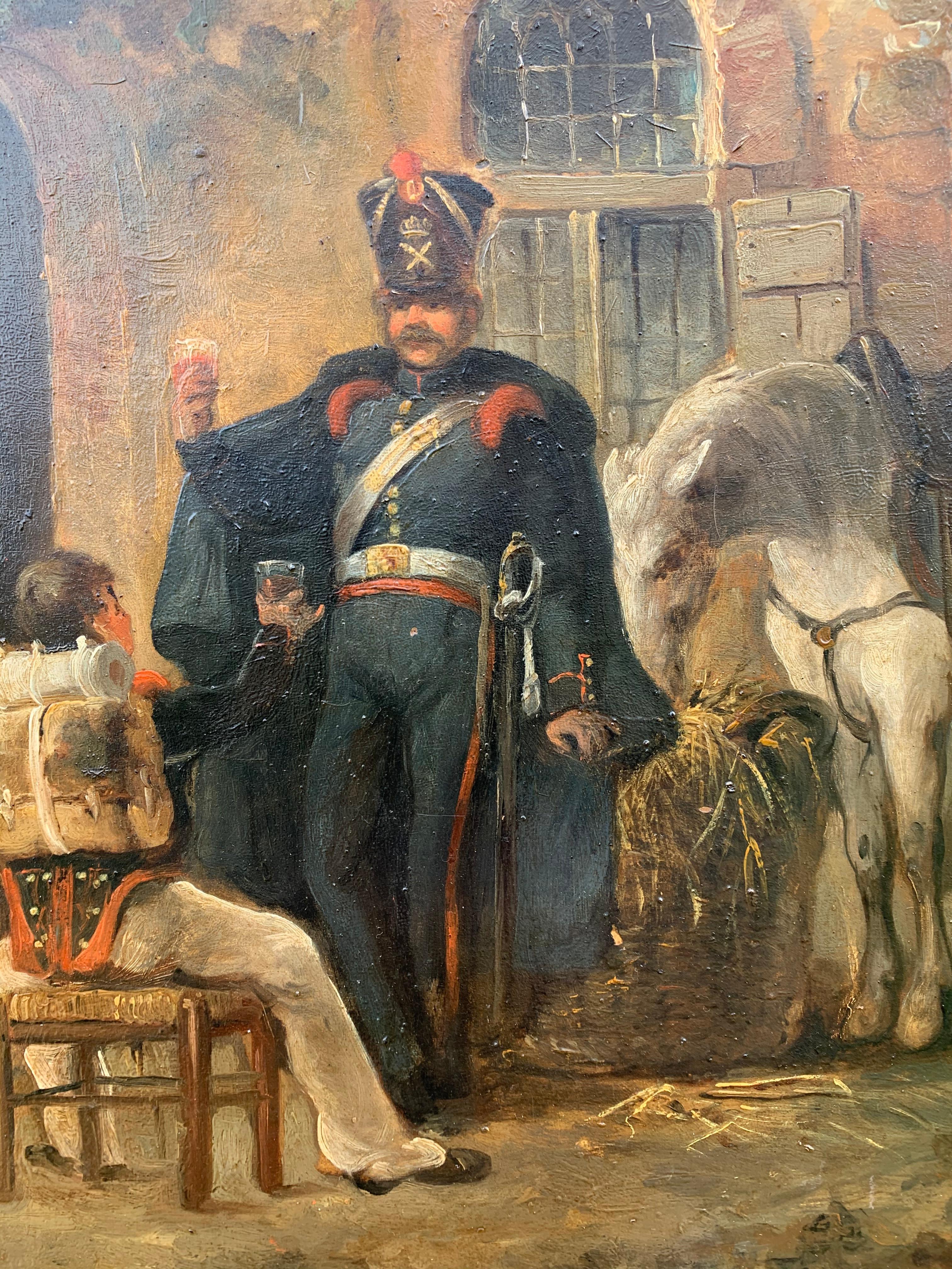 Peinture à l'huile française ancienne représentant des soldats boignant et un cheval blanc mangeant en vente 5