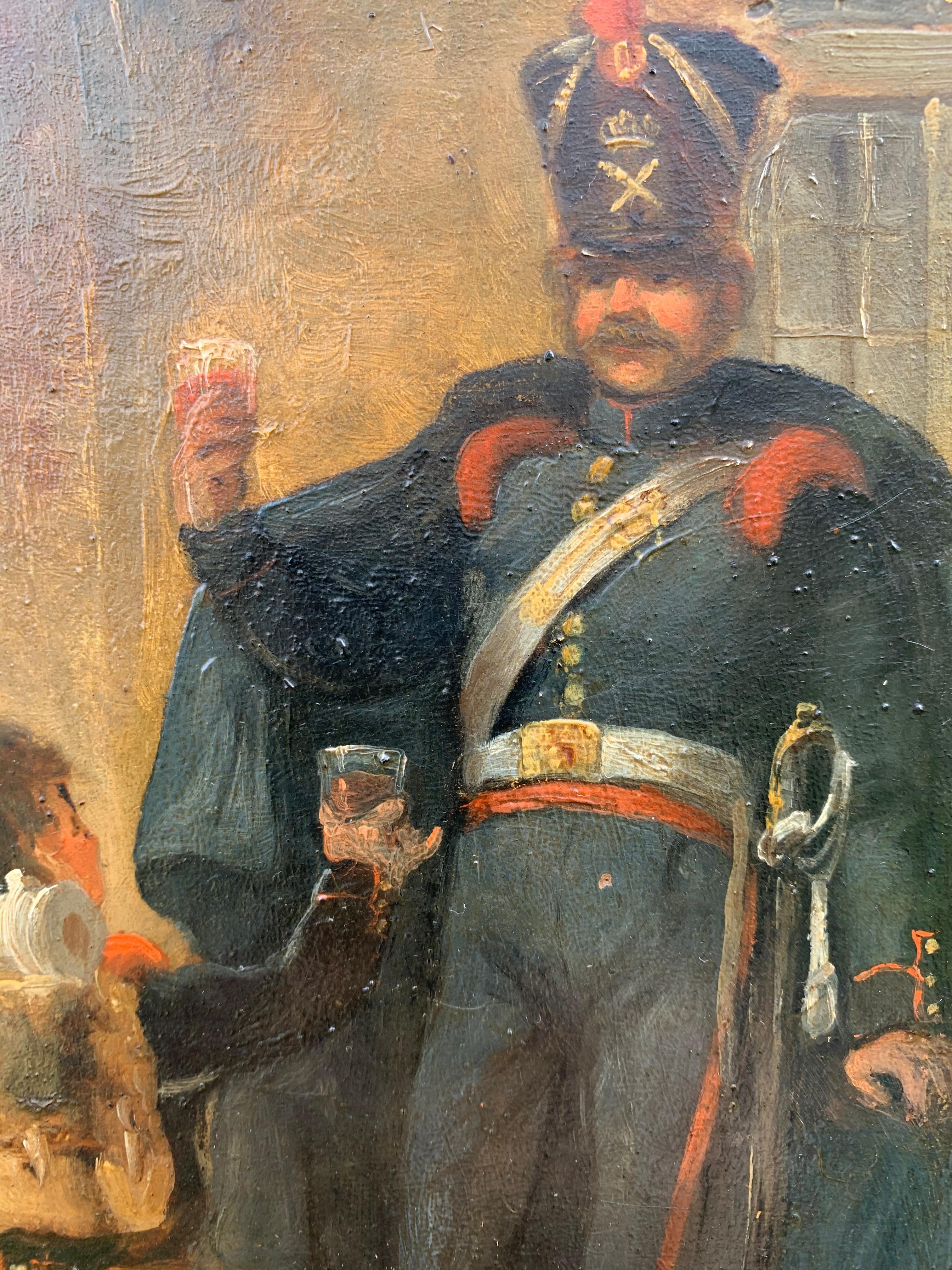 Peinture à l'huile française ancienne représentant des soldats boignant et un cheval blanc mangeant en vente 6
