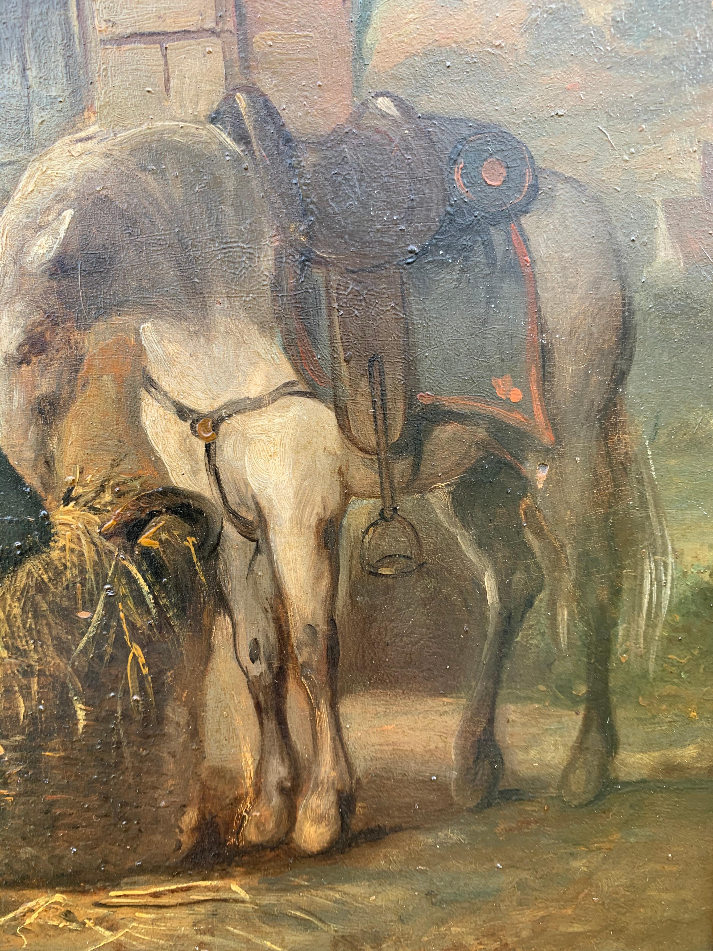 Peinture à l'huile française ancienne représentant des soldats boignant et un cheval blanc mangeant en vente 7