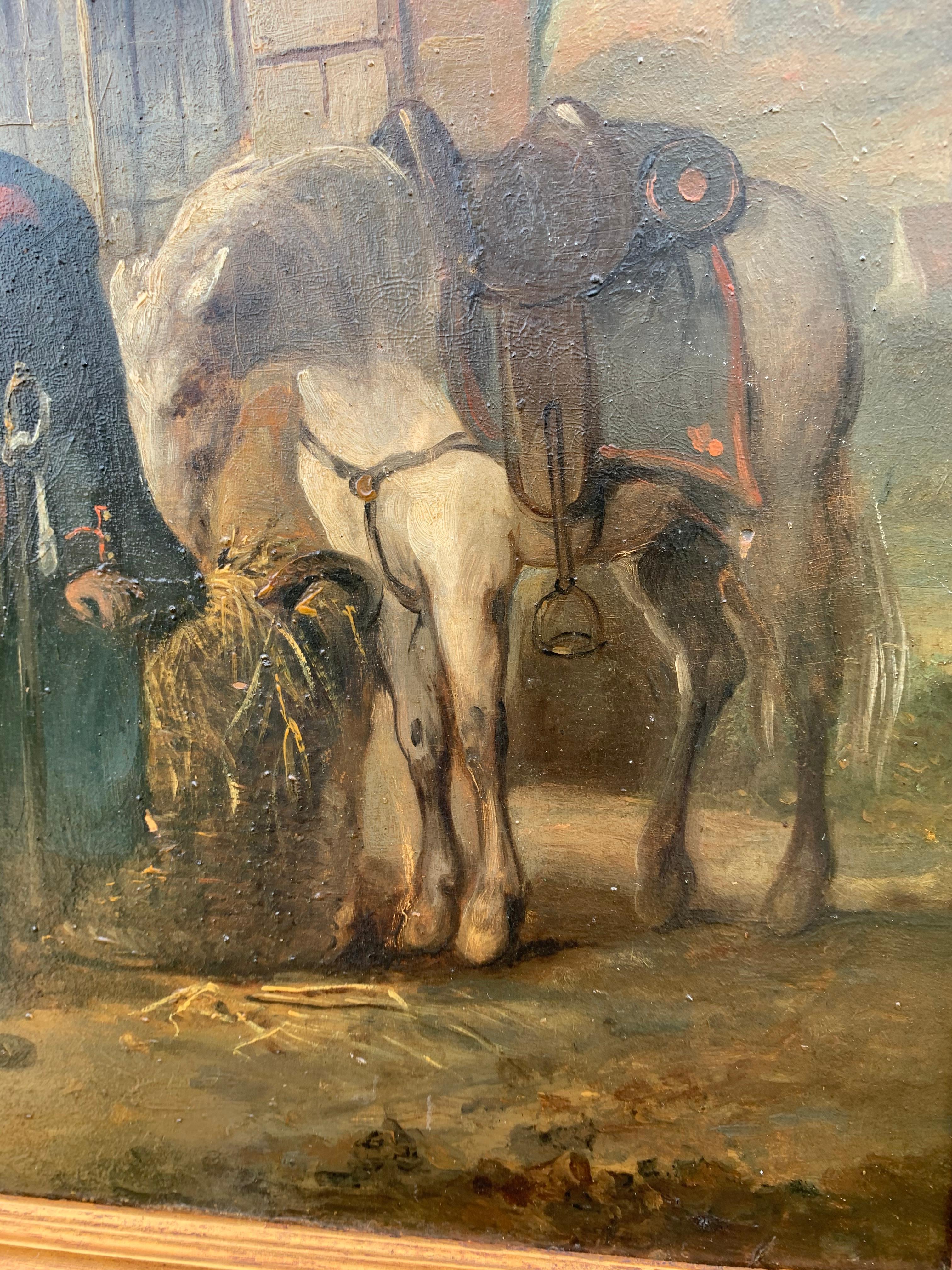 Antique French Oil Painting Depicting Soldiers Drinking and a White Horse Eating For Sale 7
