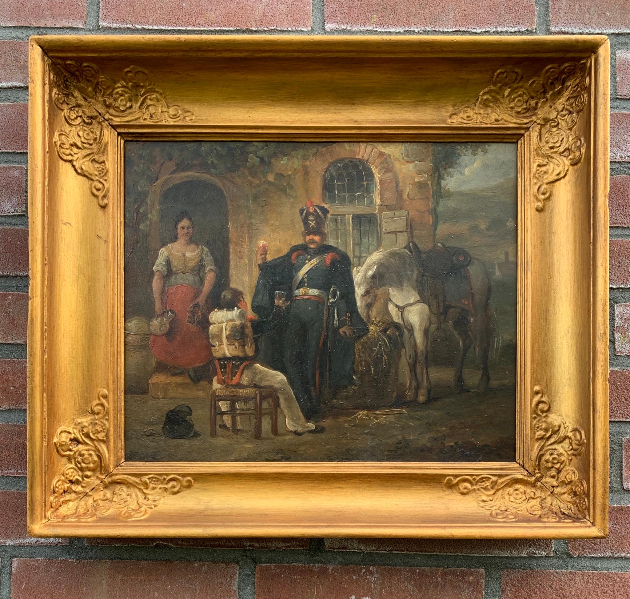 Antique French Oil Painting Depicting Soldiers Drinking and a White Horse Eating For Sale 9