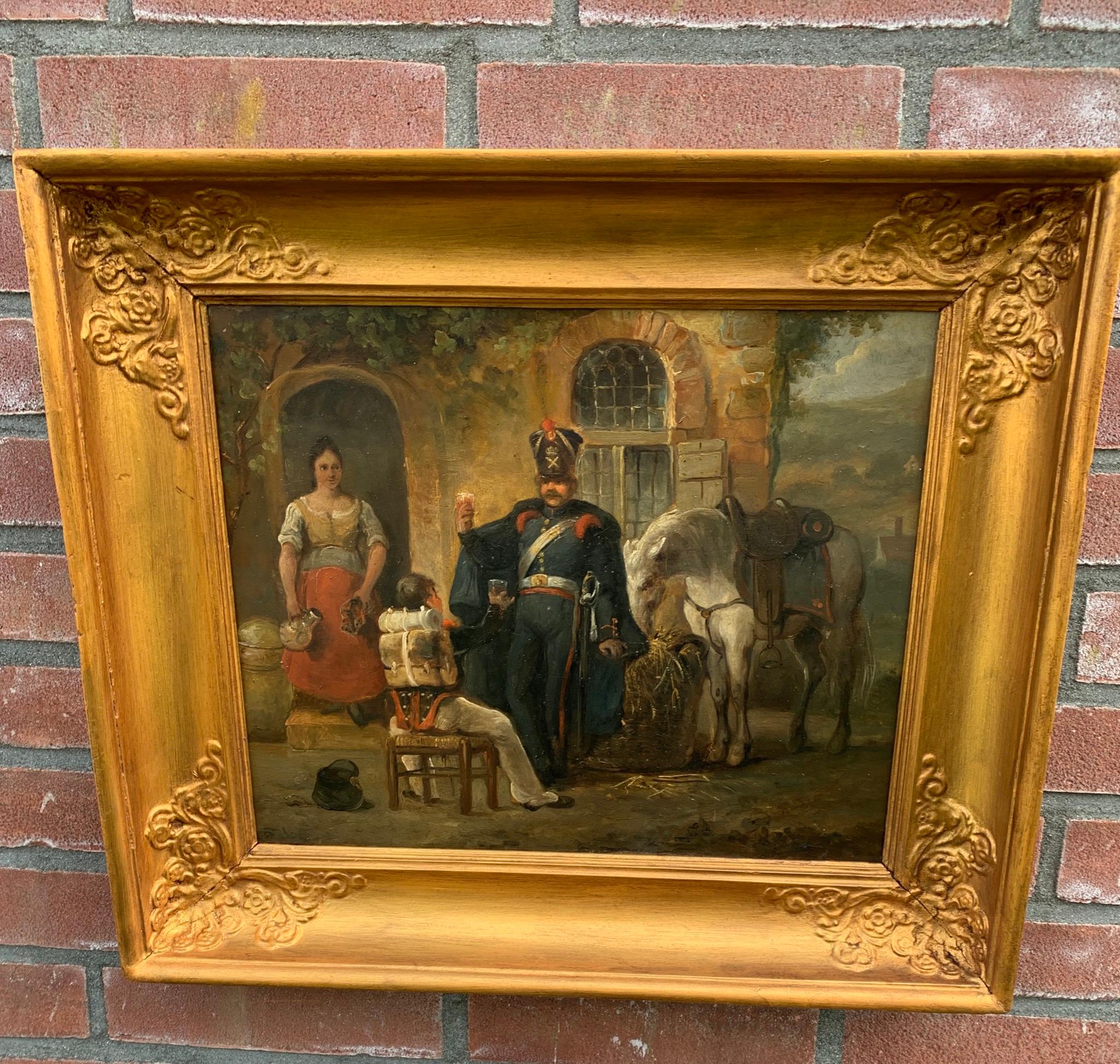 Peinture à l'huile française ancienne représentant des soldats boignant et un cheval blanc mangeant en vente 11
