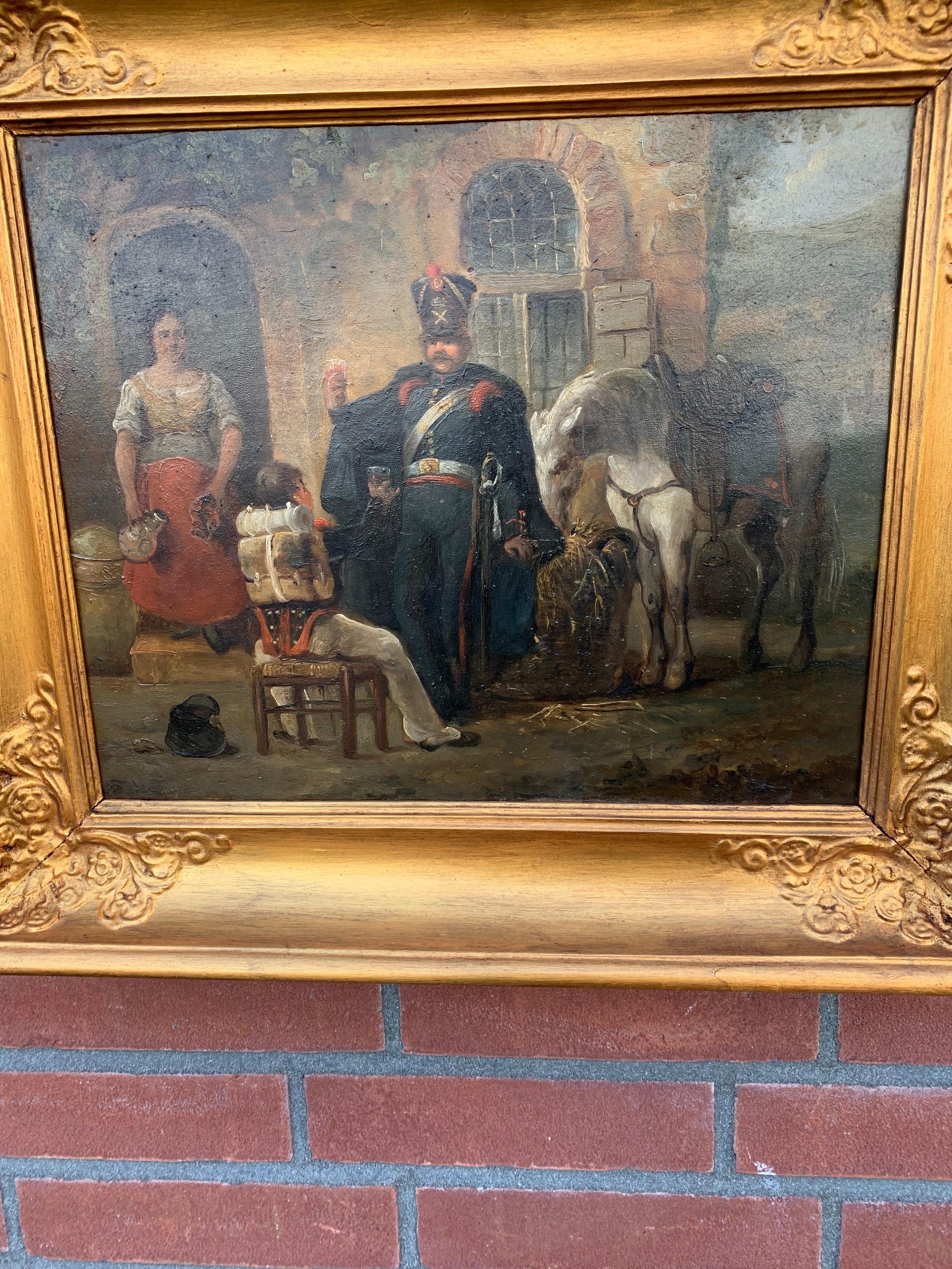 Romantique Peinture à l'huile française ancienne représentant des soldats boignant et un cheval blanc mangeant en vente
