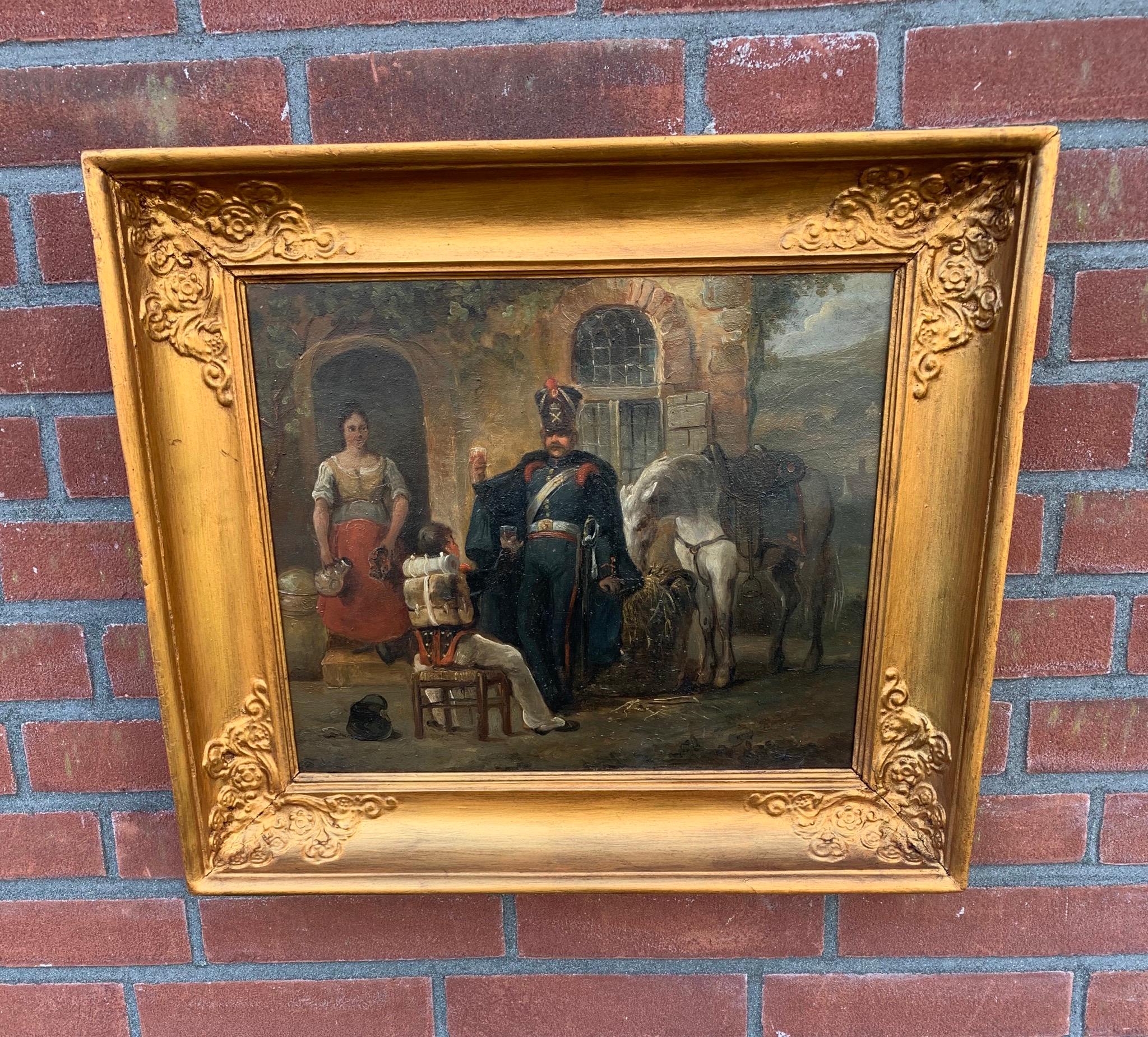 Early 19th century, Napoleonic period oil painting on an oak panel.

If you are looking for early 19th century, French art with a military topic then this romantic style rural scene could be perfect for you. This painting with all the period