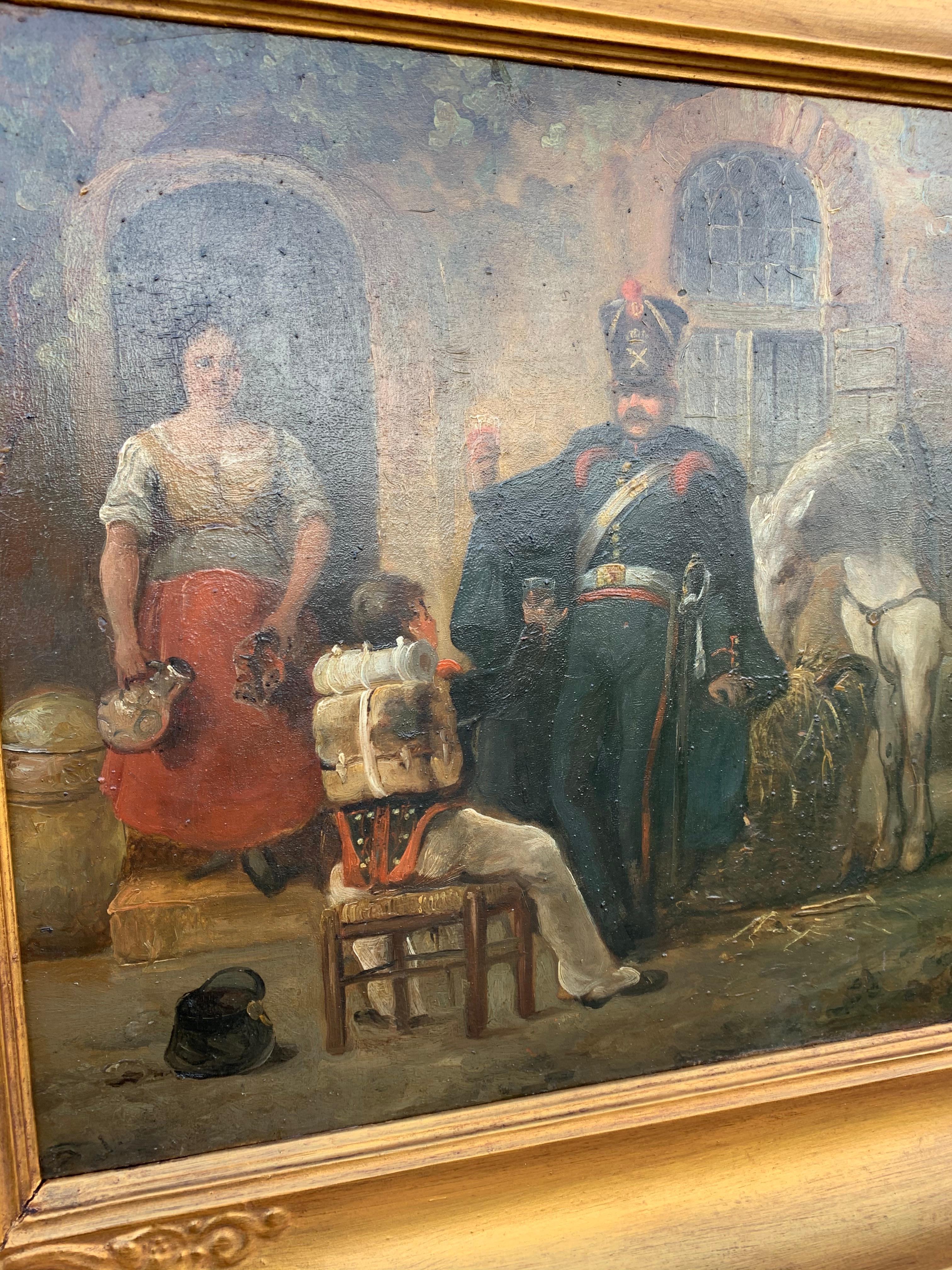 XIX secolo Antique French Oil Painting raffigurante soldati che bevono e un cavallo bianco che mangia in vendita