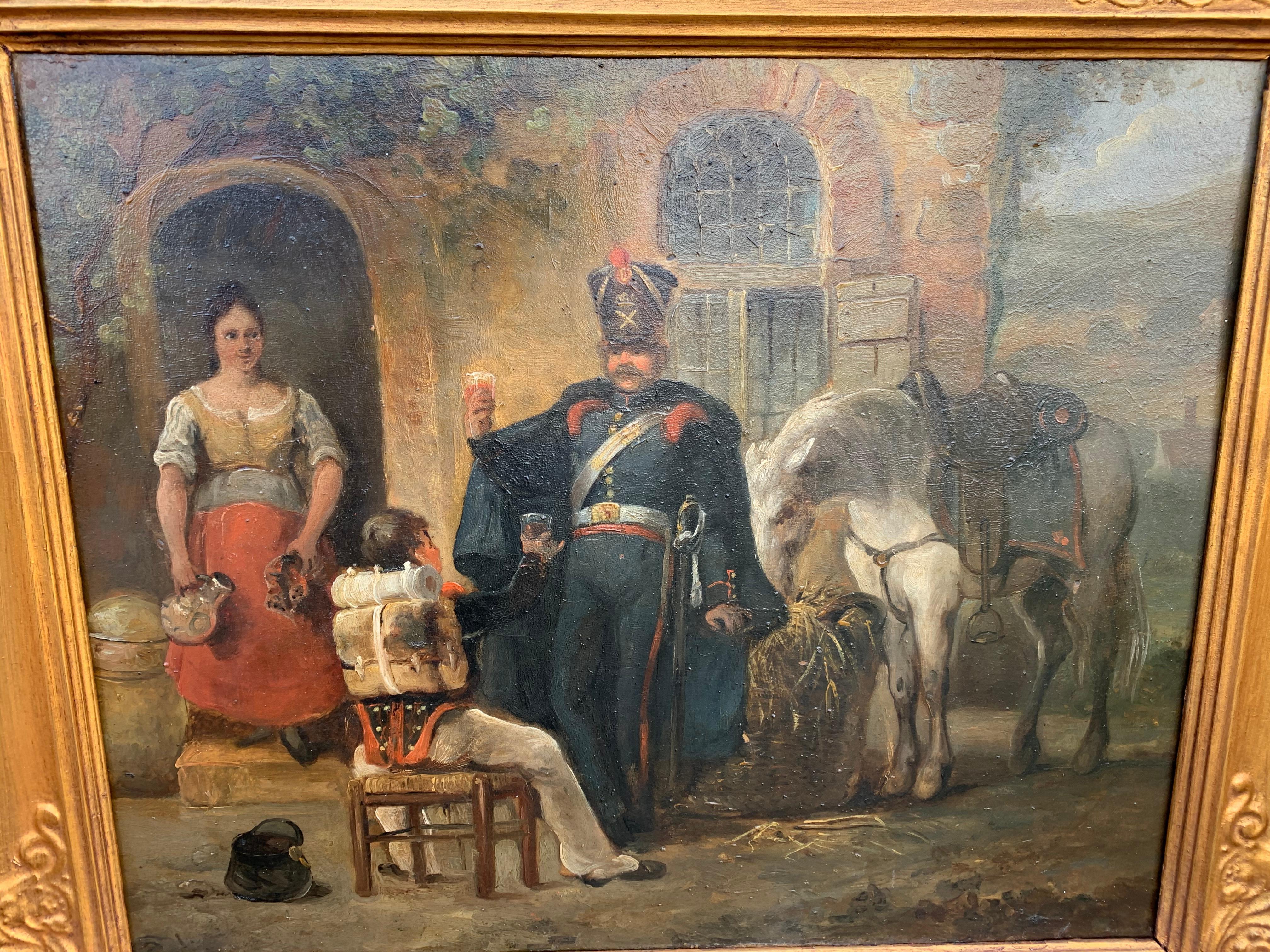 19th Century Antique French Oil Painting Depicting Soldiers Drinking and a White Horse Eating For Sale
