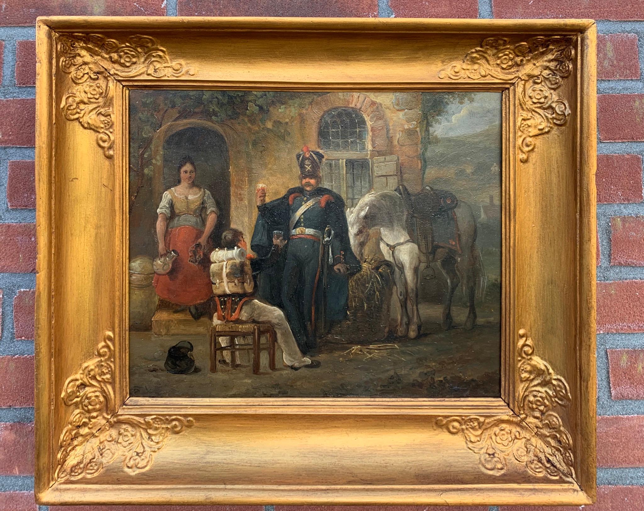 Antique French Oil Painting Depicting Soldiers Drinking and a White Horse Eating For Sale 1