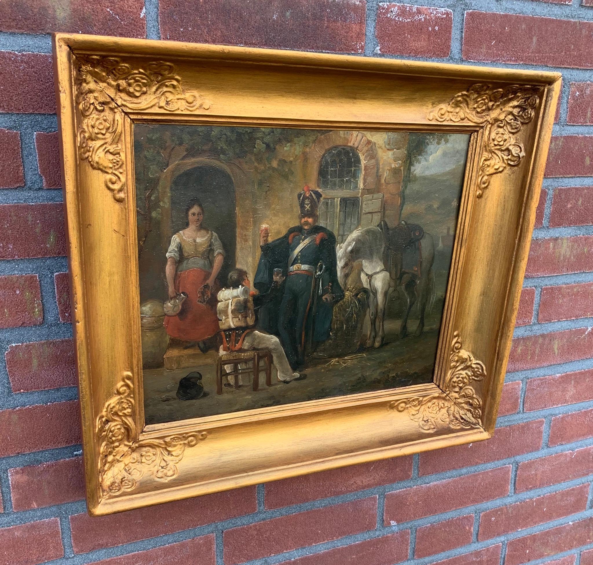 Hand-Crafted Antique French Oil Painting Depicting Soldiers Drinking and a White Horse Eating For Sale