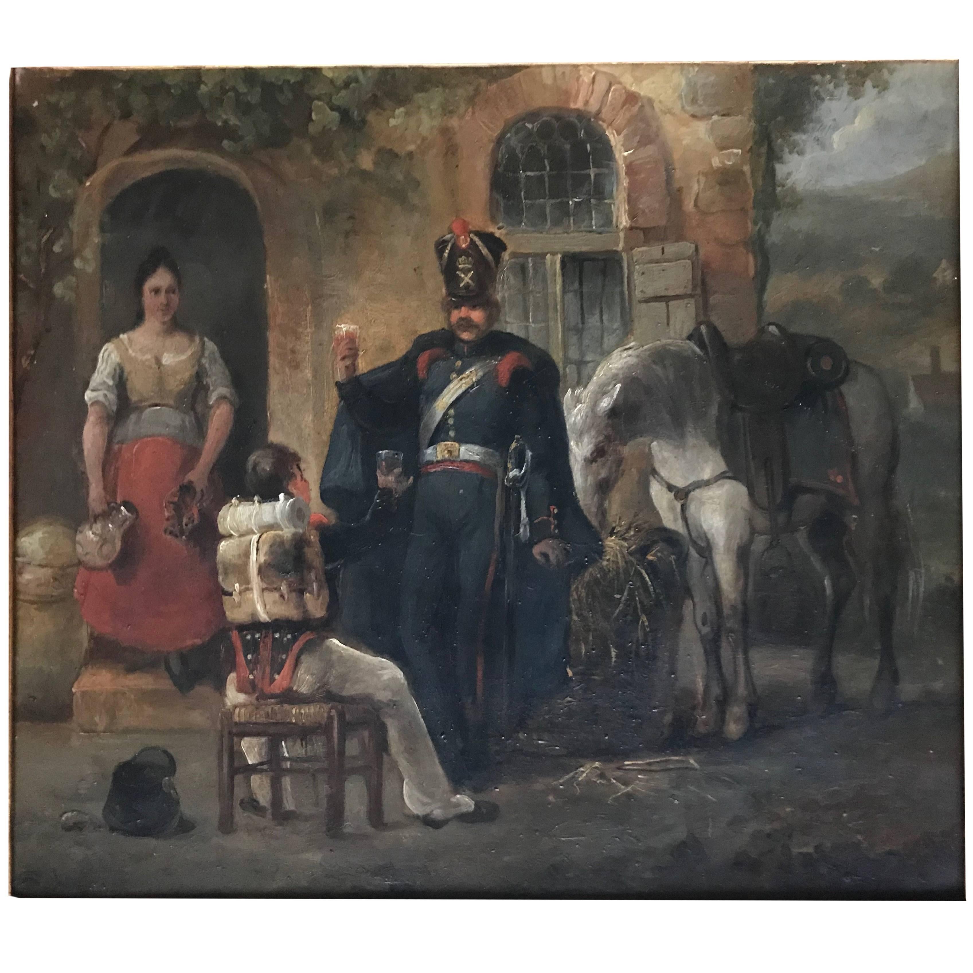 Antique French Oil Painting Depicting Soldiers Drinking and a White Horse Eating For Sale