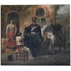 Antiguo óleo francés con soldados bebiendo y un caballo blanco comiendo